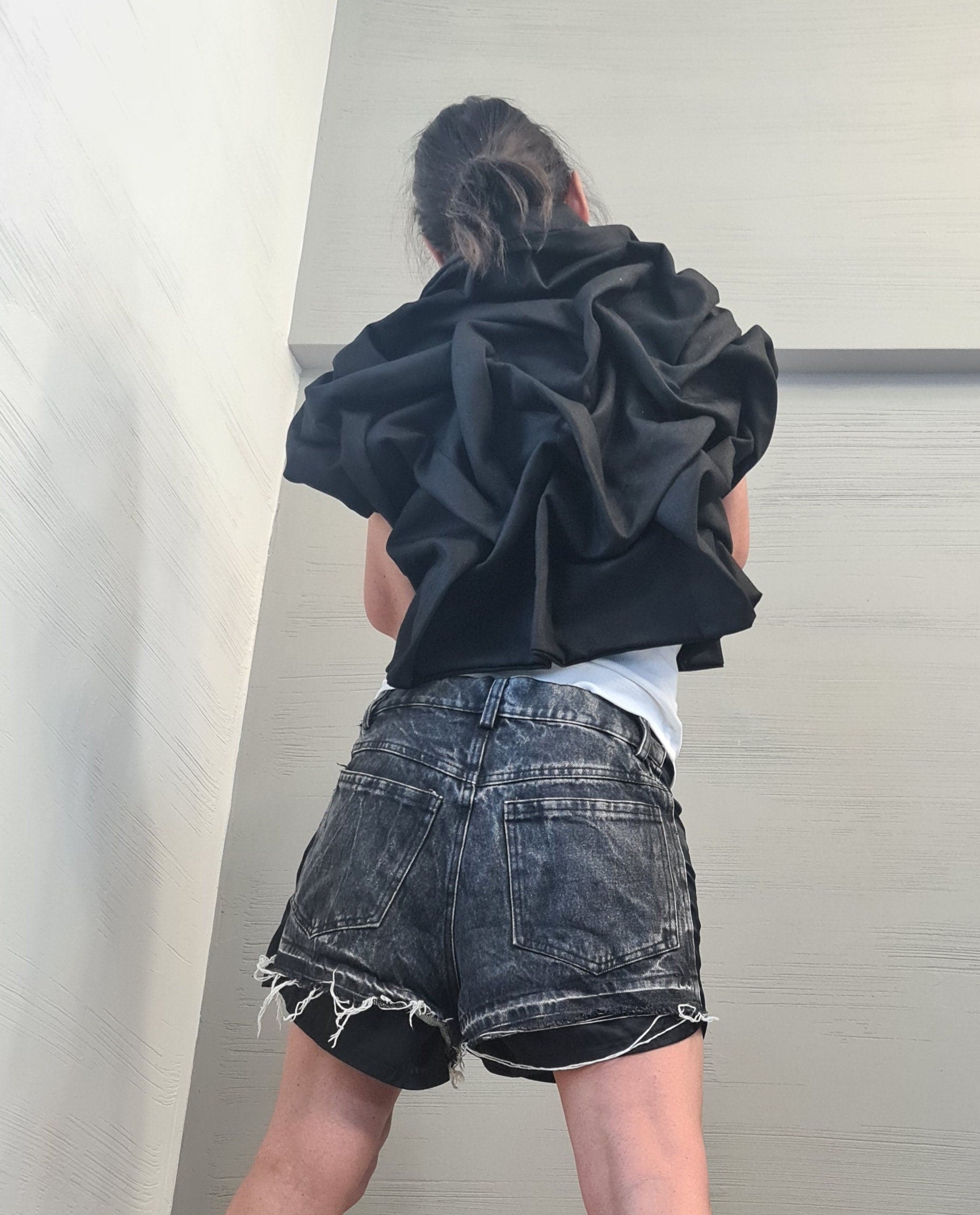 Black Denim Extravagant Jacket, Women Short Jacket, Asymmetric Jacket