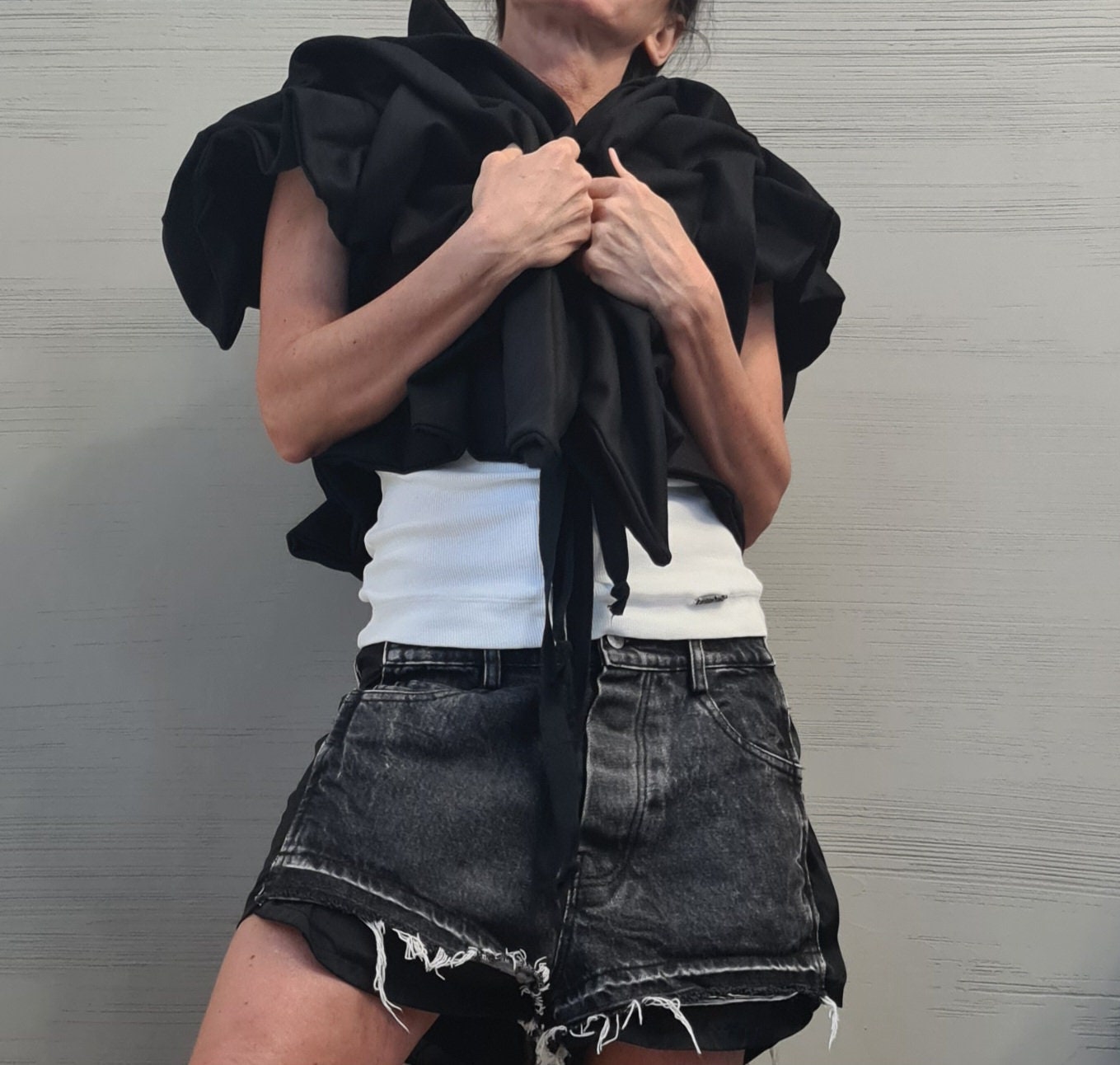 Black Denim Extravagant Jacket, Women Short Jacket, Asymmetric Jacket