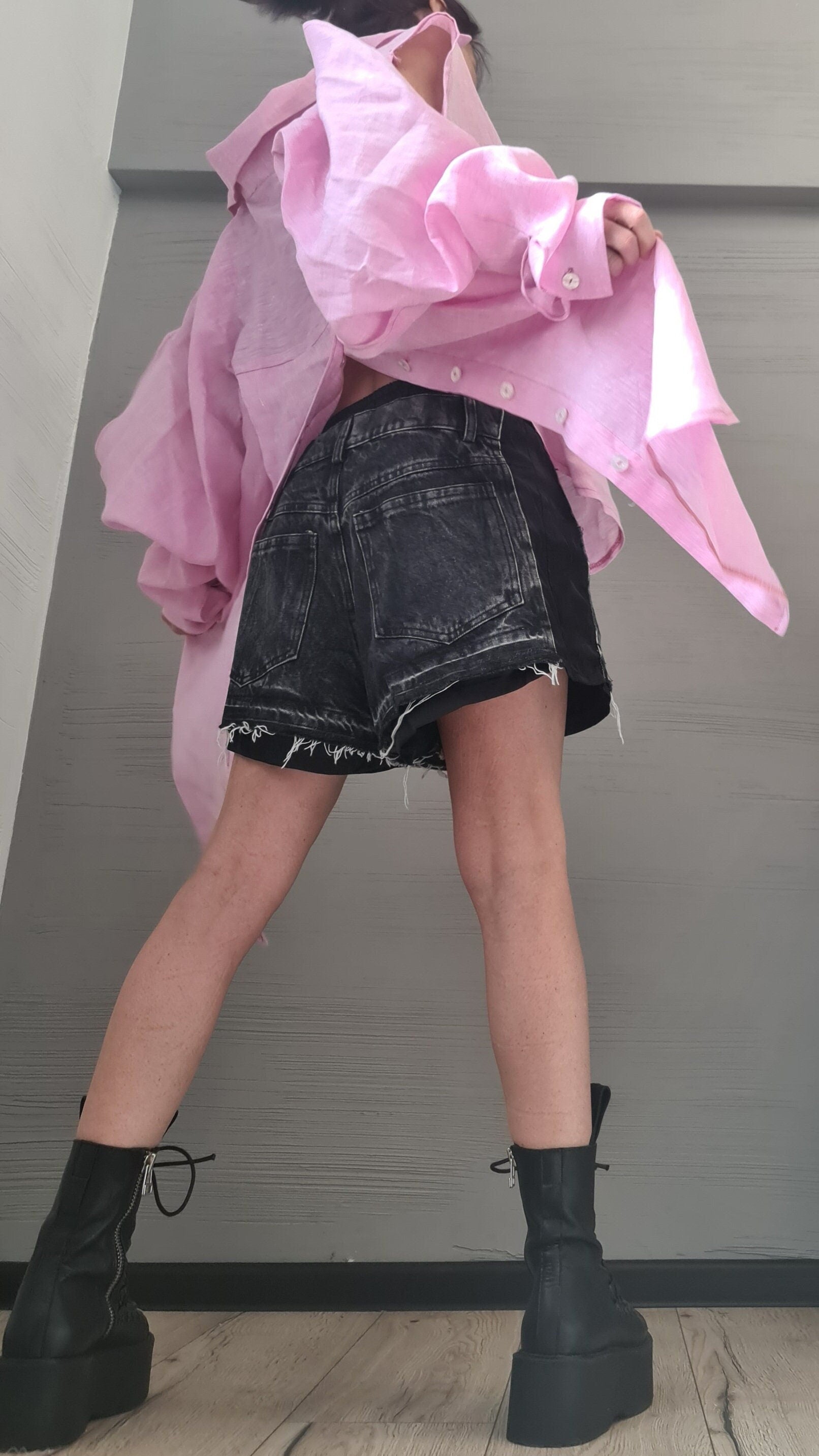 New collection Pink Linen Asymmetric Shirt, Open back Shirt, Avant Garde Tunic, Loose Tunic Shirt,Extravagant Shirt, Oversize Tunic