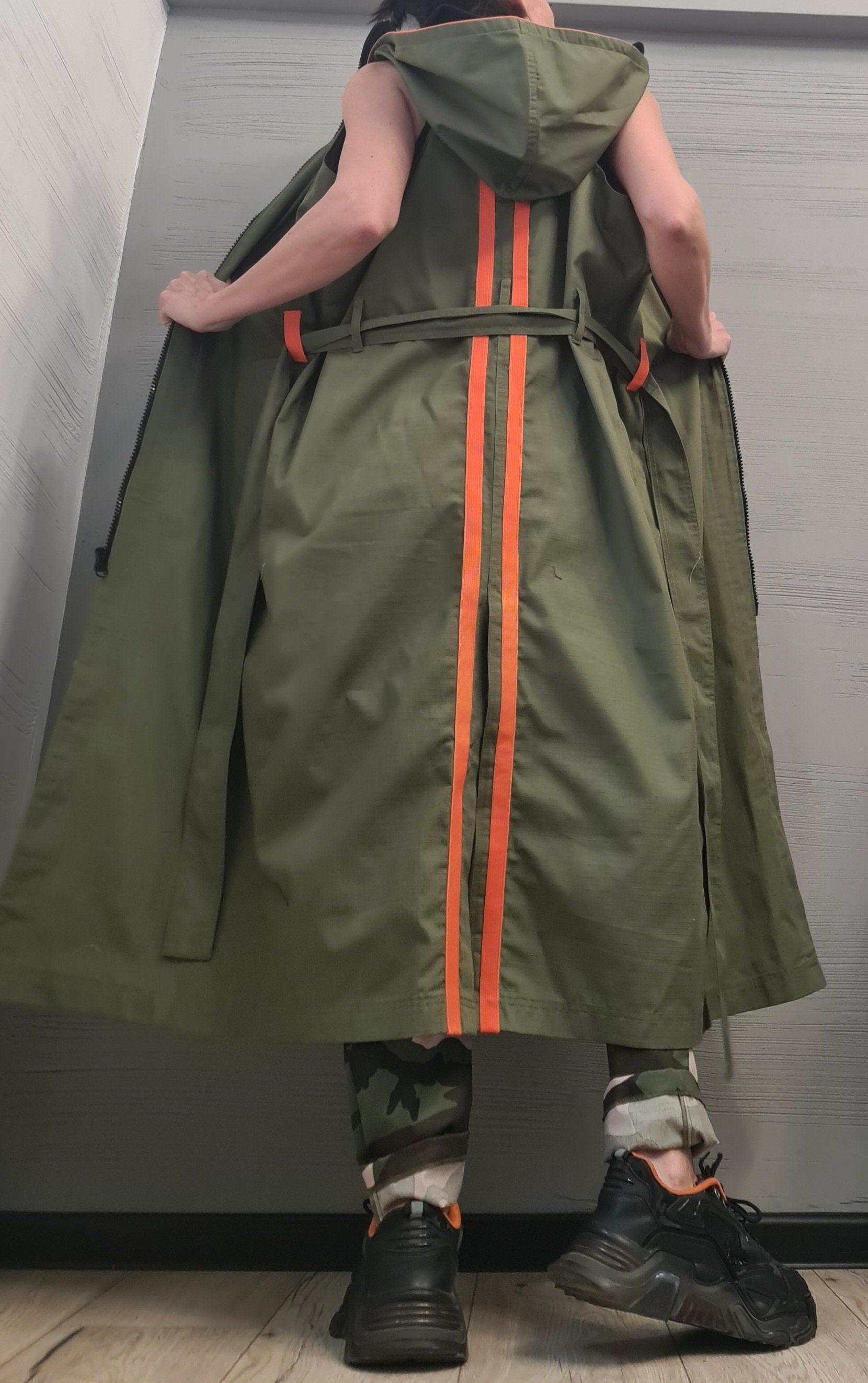 New collection Spring Blazer, Two pieces - Long sleeveless Vest and Short Jacket, Extravagant Long loose hooded Military Green Trench Coat