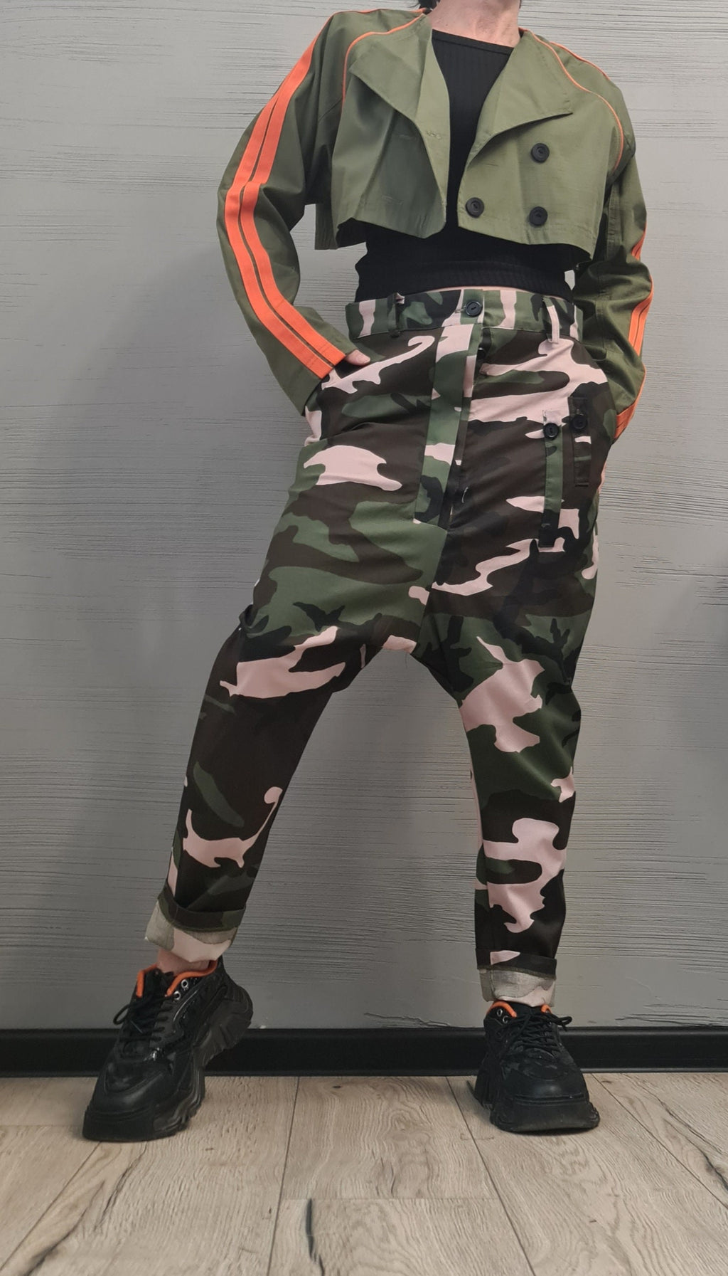 New collection Spring Blazer, Two pieces - Long sleeveless Vest and Short Jacket, Extravagant Long loose hooded Military Green Trench Coat