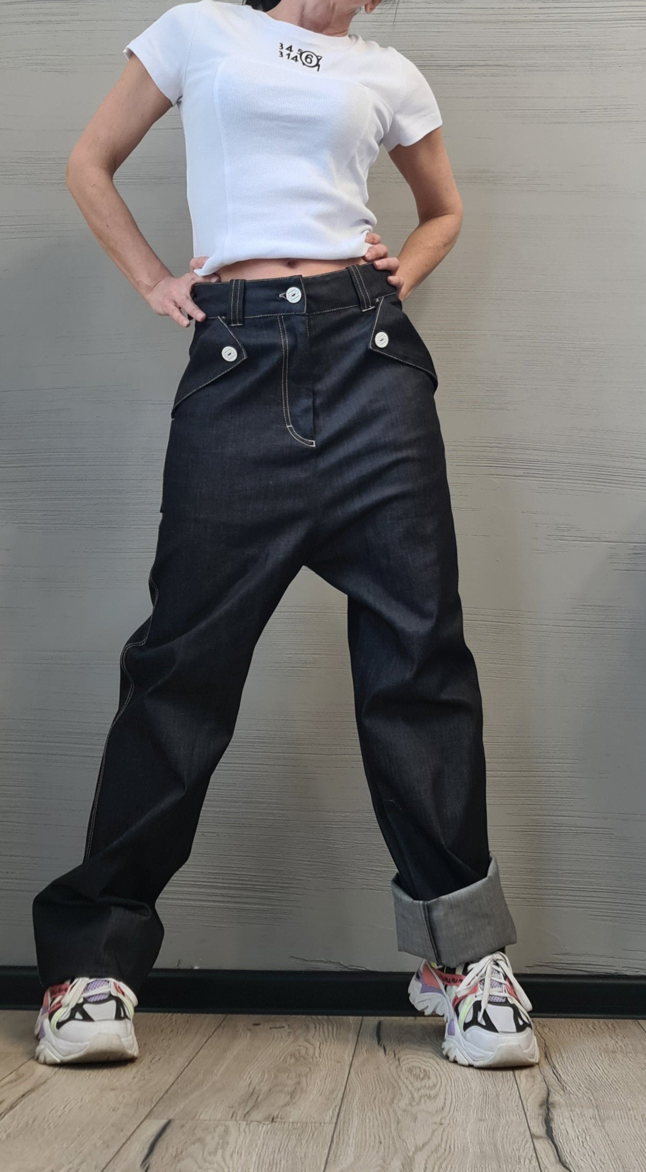 Dark Blue Straight-Leg Denim Pants | High Waist Minimalist Jeans | Handmade Cotton Trousers | Casual Avant-Garde Streetwear