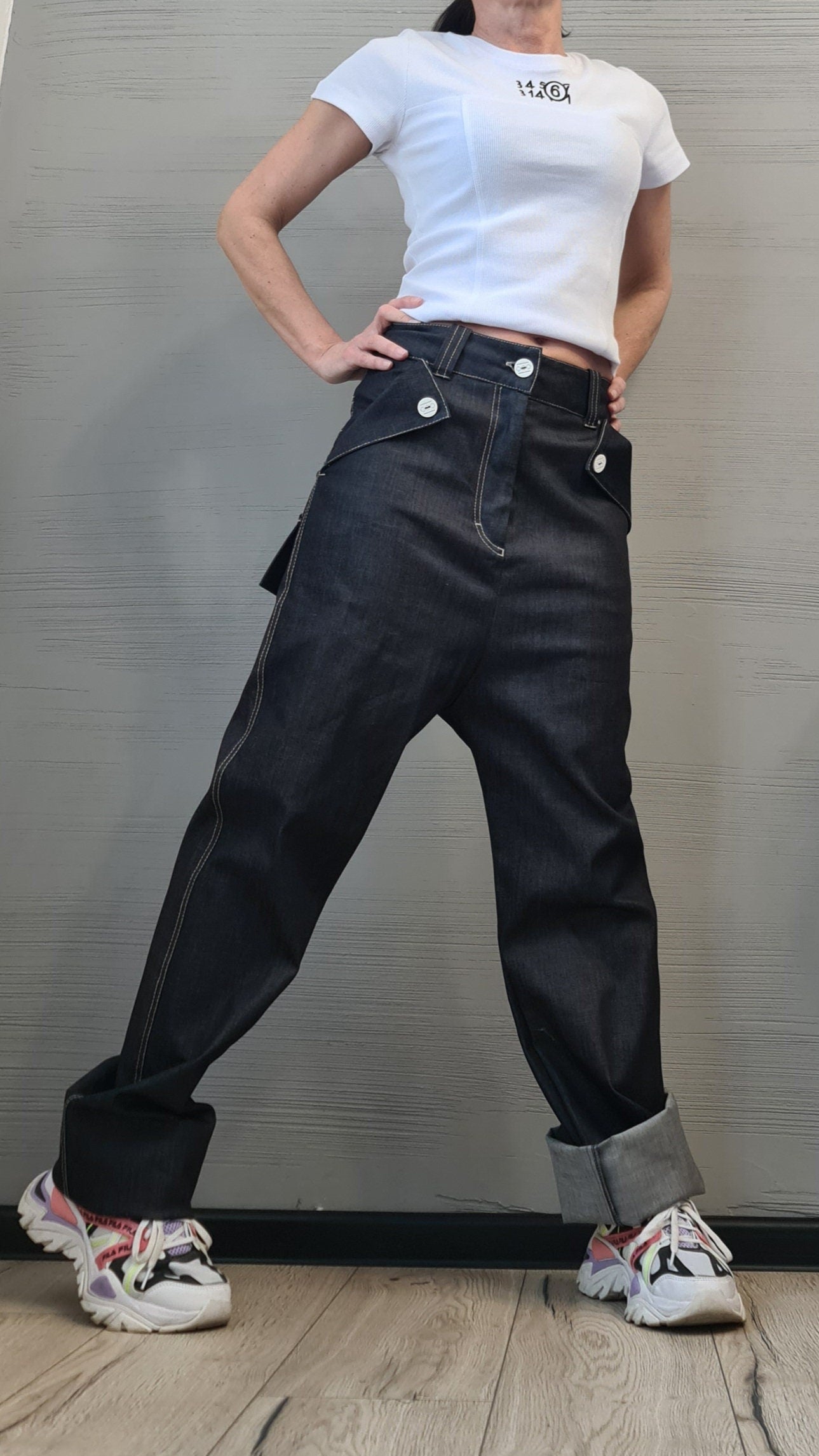 Dark Blue Straight-Leg Denim Pants | High Waist Minimalist Jeans | Handmade Cotton Trousers | Casual Avant-Garde Streetwear