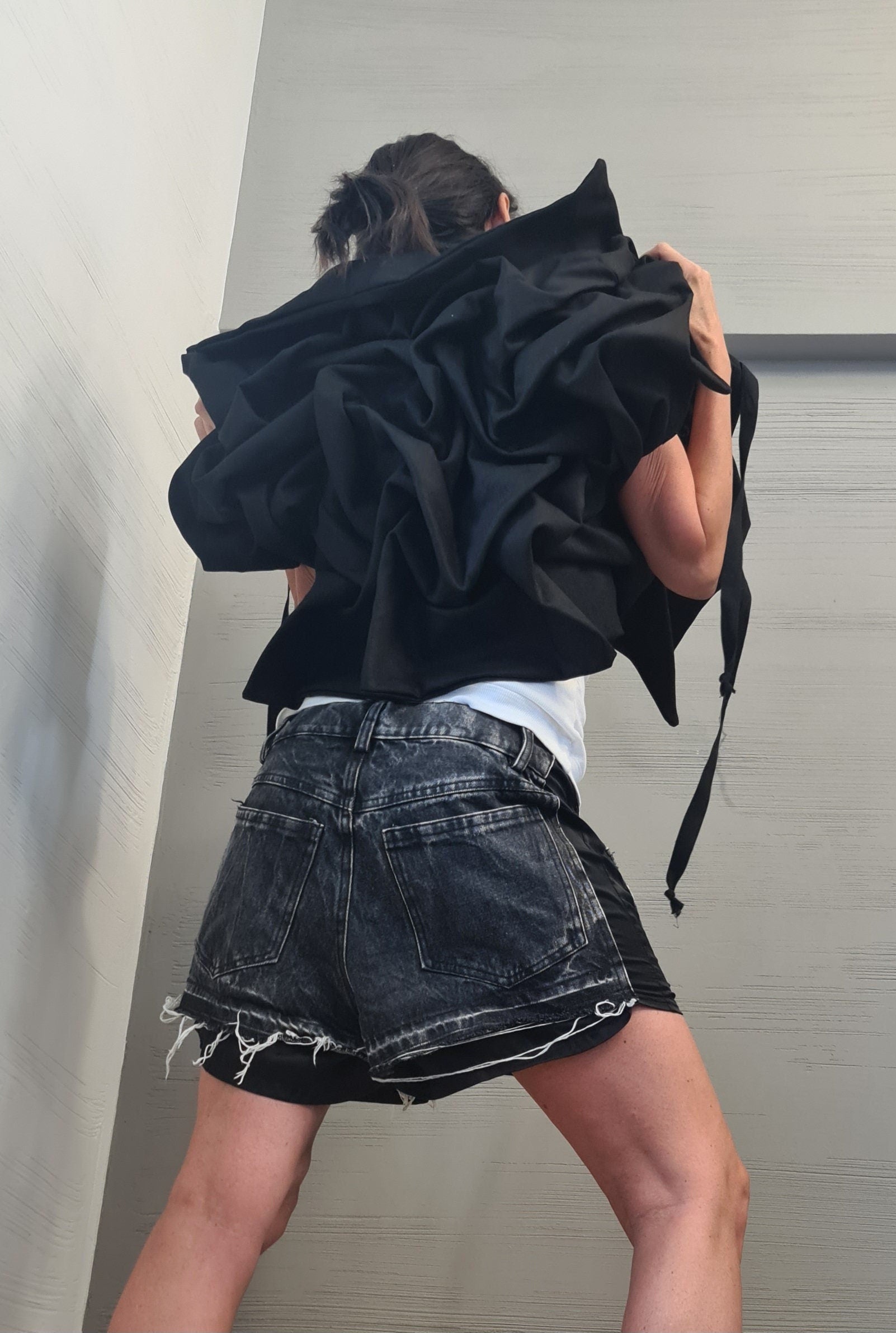 Black Denim Extravagant Jacket, Women Short Jacket, Asymmetric Jacket