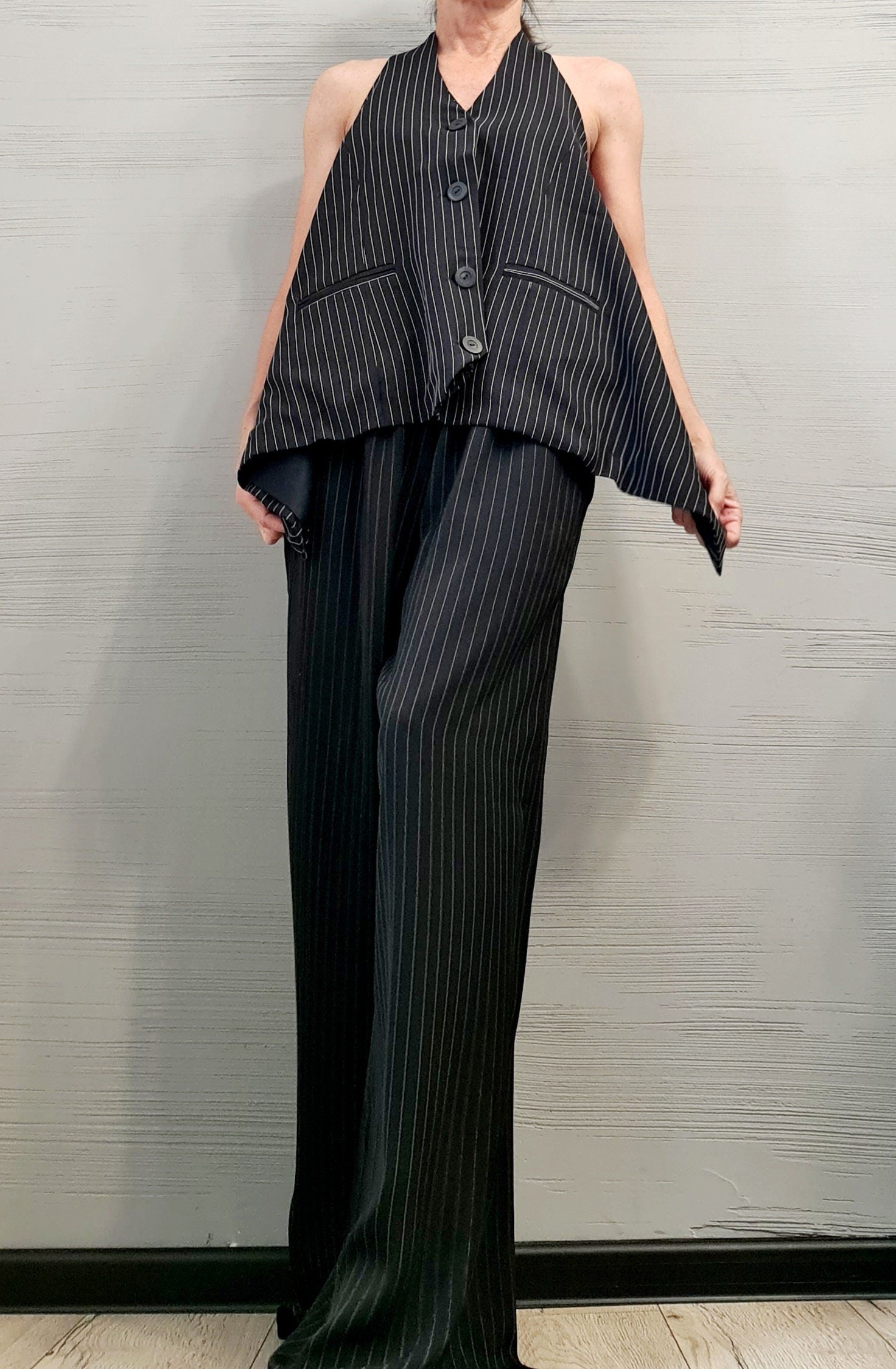 Extravagant Women Costume, Asymmetric Vest, Women Vest Pants Set, Vest with bare back, Wide trousers