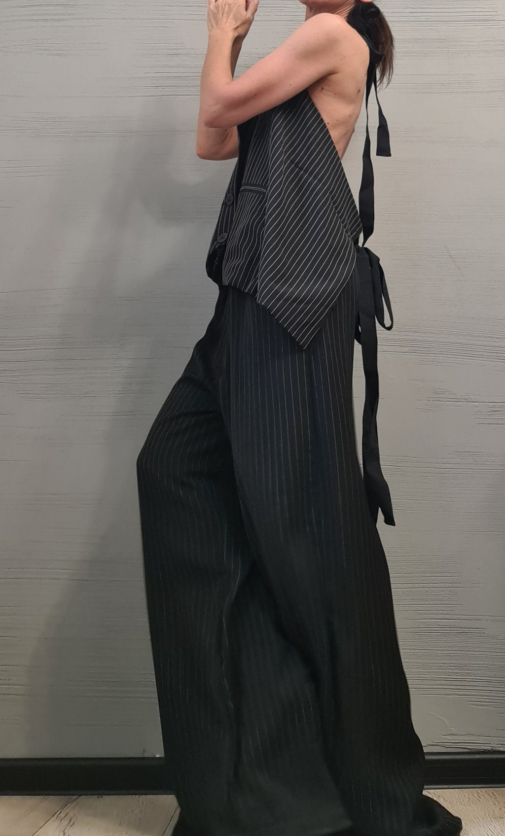 Extravagant Women Costume, Asymmetric Vest, Women Vest Pants Set, Vest with bare back, Wide trousers
