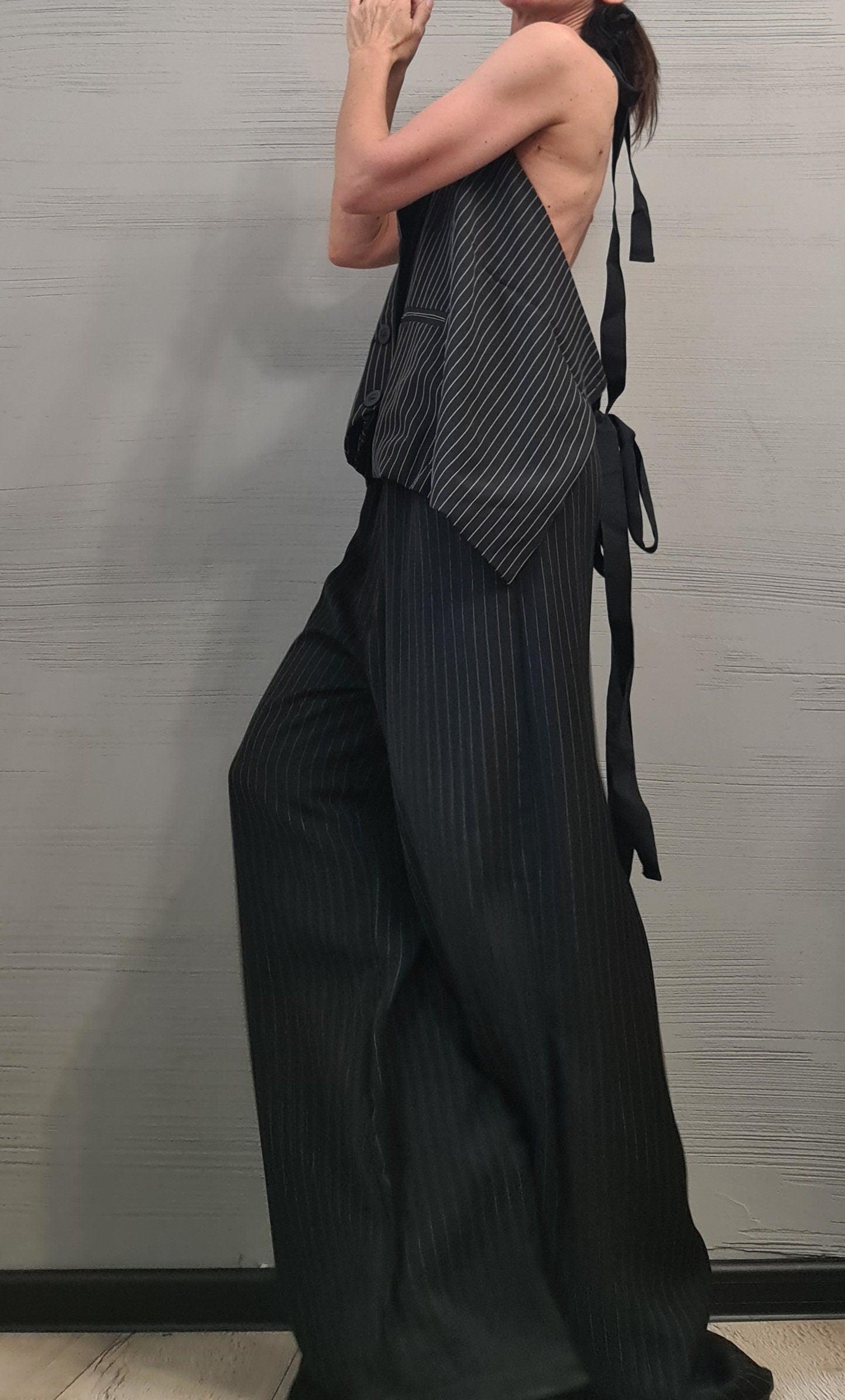 Extravagant Women Costume, Asymmetric Vest, Women Vest Pants Set, Vest with bare back, Wide trousers