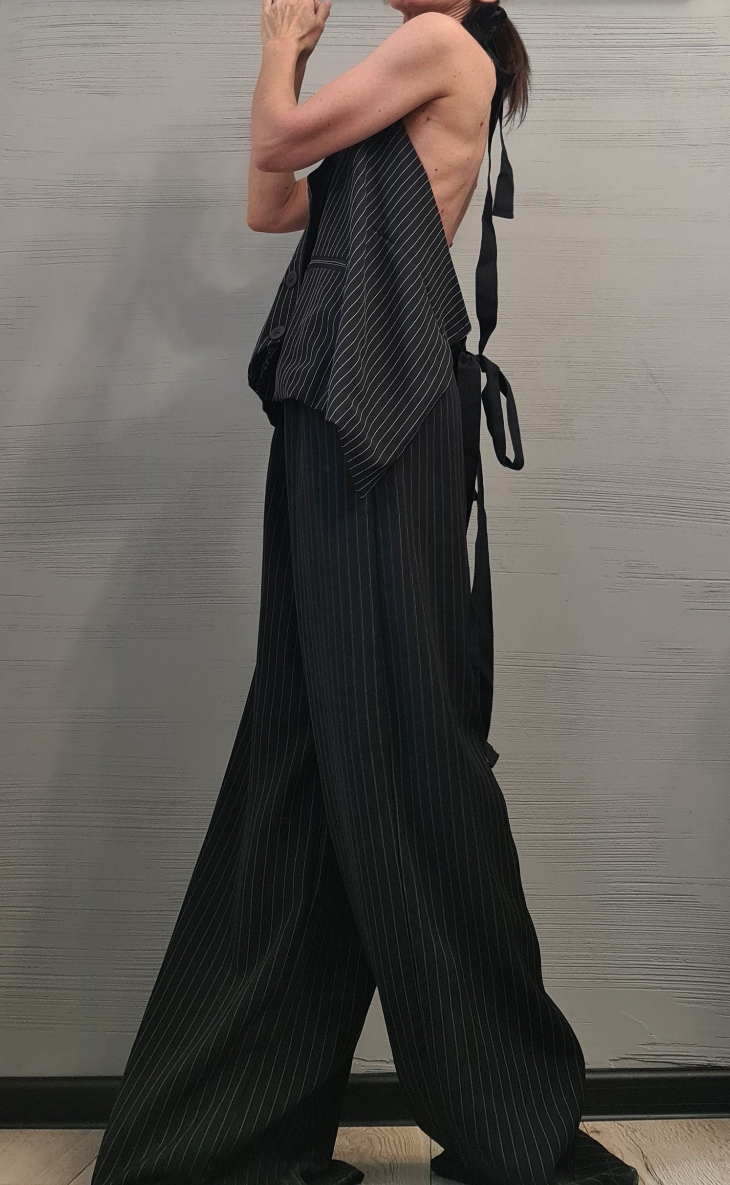 Extravagant Women Costume, Asymmetric Vest, Women Vest Pants Set, Vest with bare back, Wide trousers