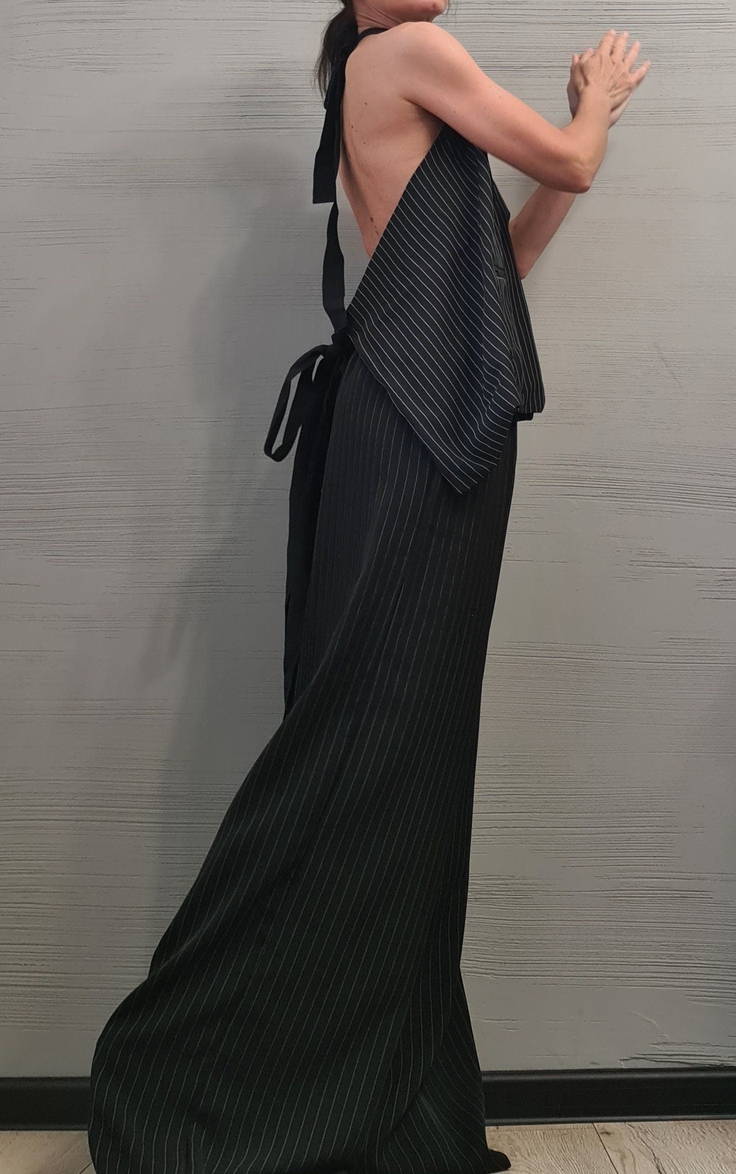 Extravagant Women Costume, Asymmetric Vest, Women Vest Pants Set, Vest with bare back, Wide trousers