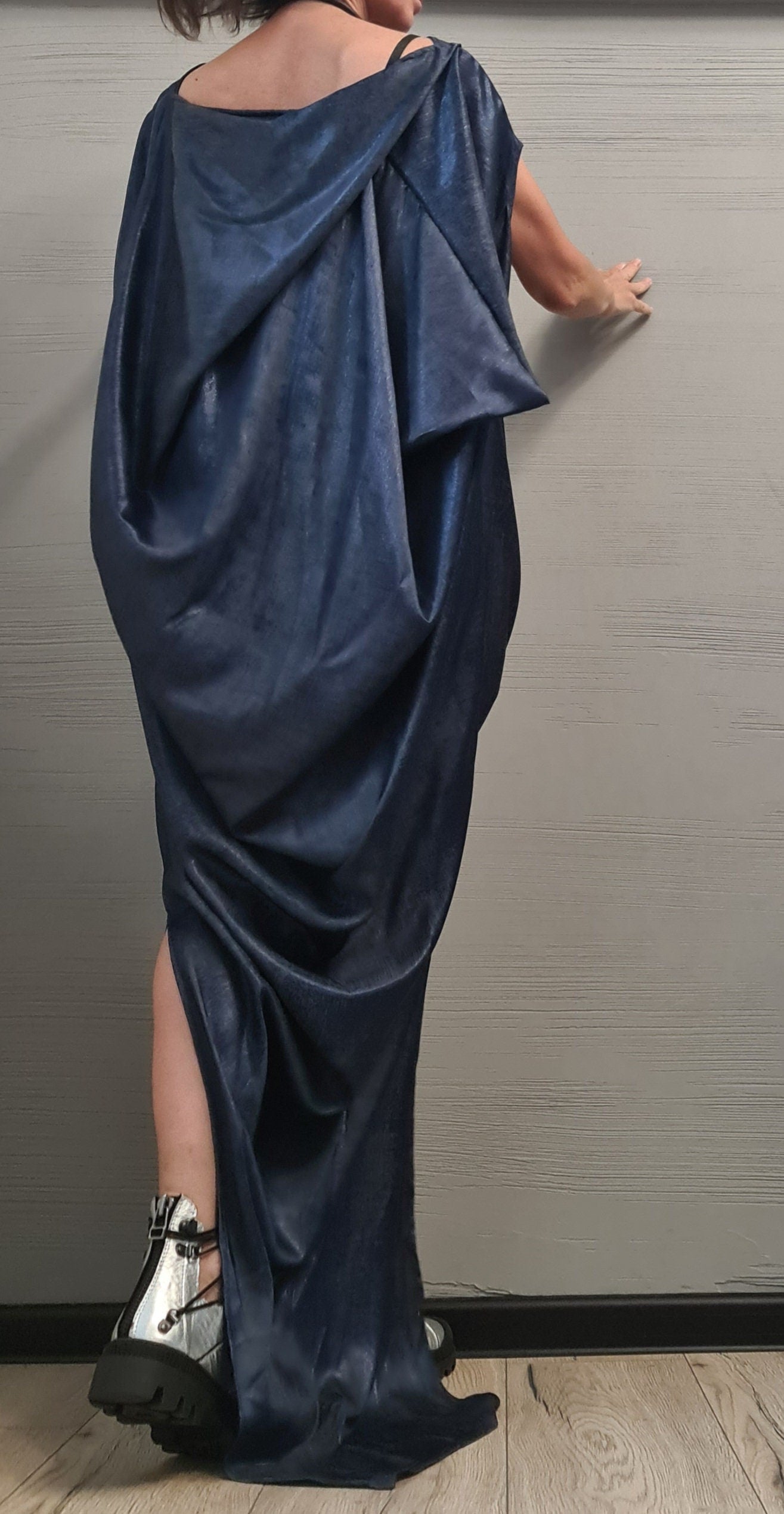 Denim Extravagant Long Dress, Shiny denim Avant Garde Dress, One Shoulder Dress, Drape Dress, Loose Dress, without sleeve