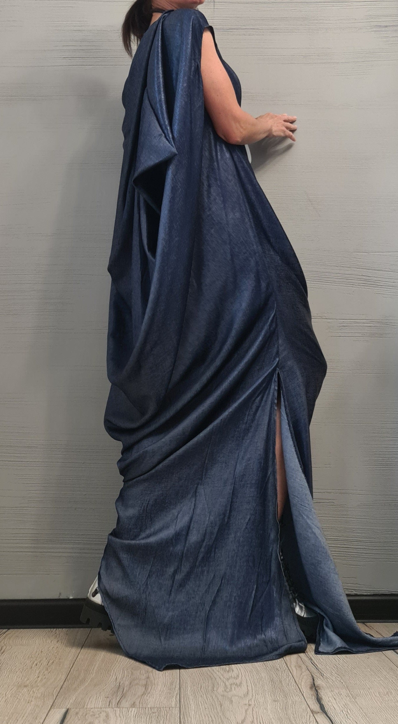 Denim Extravagant Long Dress, Shiny denim Avant Garde Dress, One Shoulder Dress, Drape Dress, Loose Dress, without sleeve