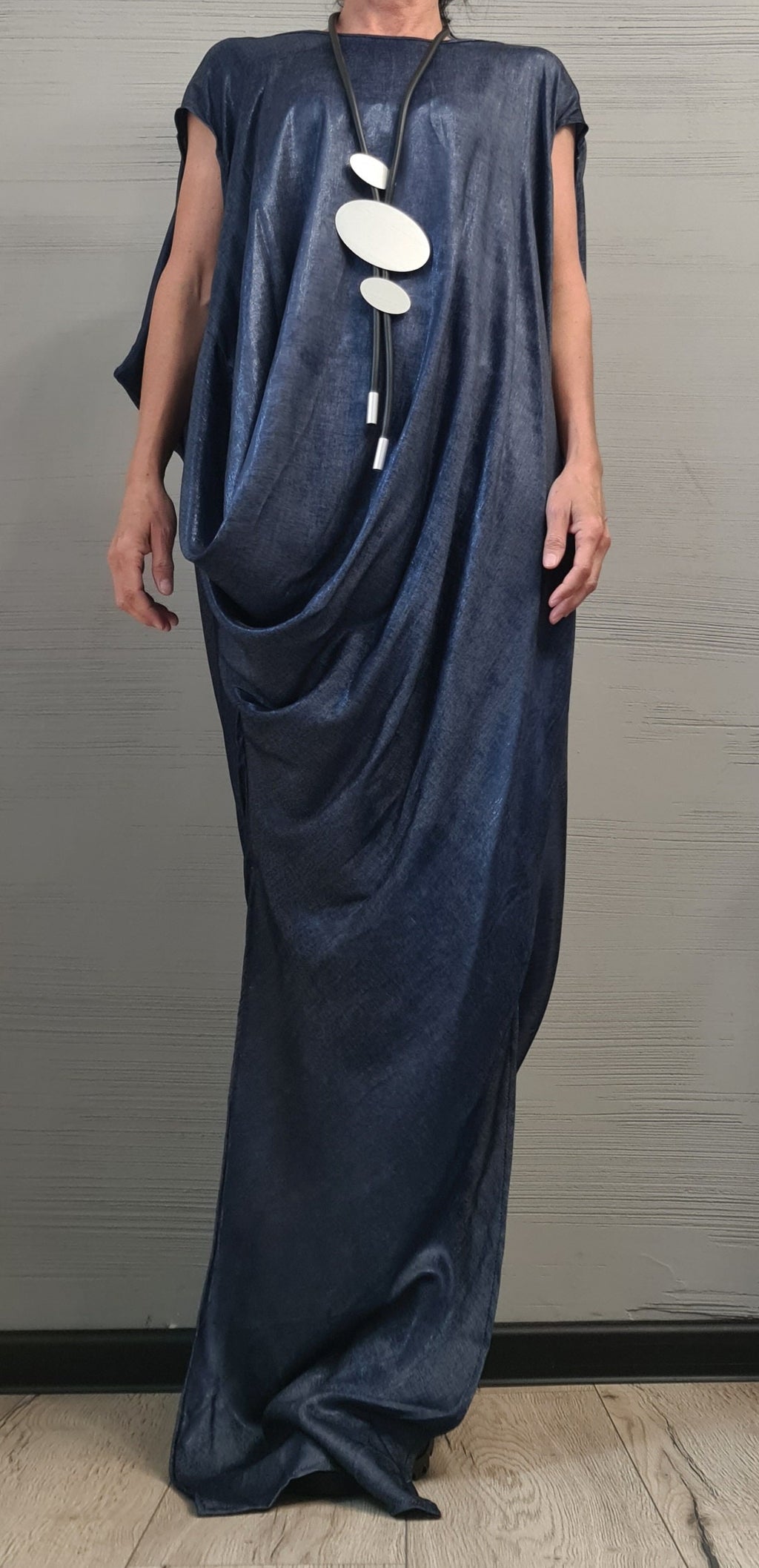 Denim Extravagant Long Dress, Shiny denim Avant Garde Dress, One Shoulder Dress, Drape Dress, Loose Dress, without sleeve