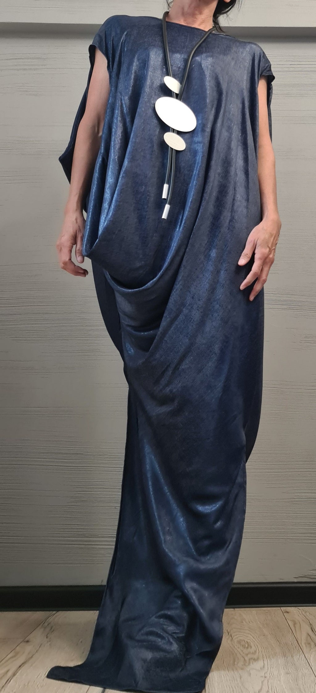 Denim Extravagant Long Dress, Shiny denim Avant Garde Dress, One Shoulder Dress, Drape Dress, Loose Dress, without sleeve