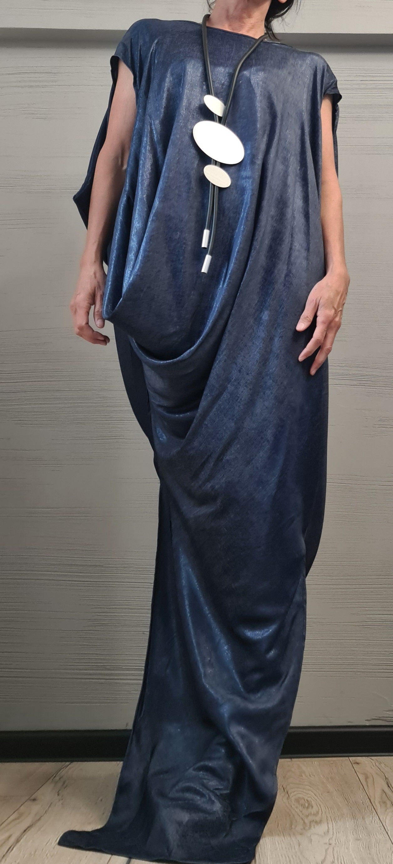 Denim Extravagant Long Dress, Shiny denim Avant Garde Dress, One Shoulder Dress, Drape Dress, Loose Dress, without sleeve