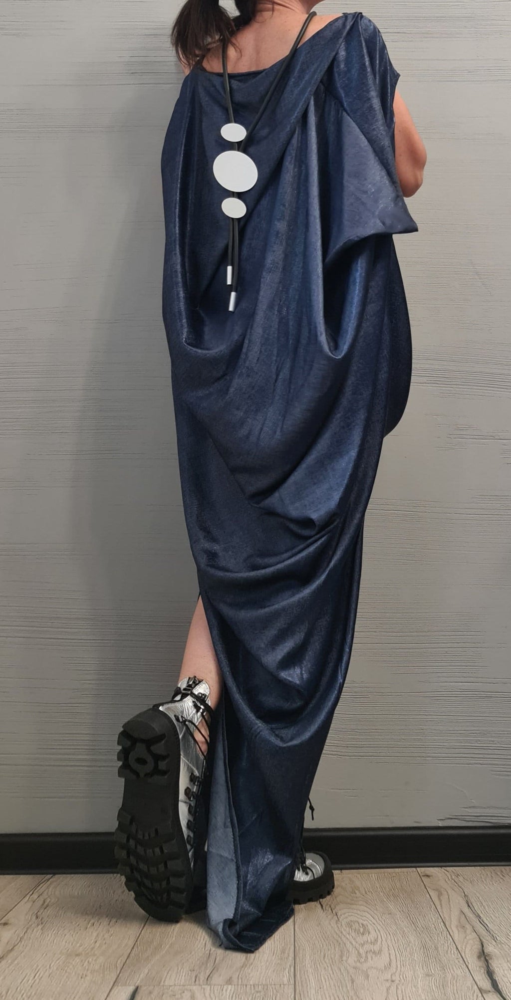 Denim Extravagant Long Dress, Shiny denim Avant Garde Dress, One Shoulder Dress, Drape Dress, Loose Dress, without sleeve