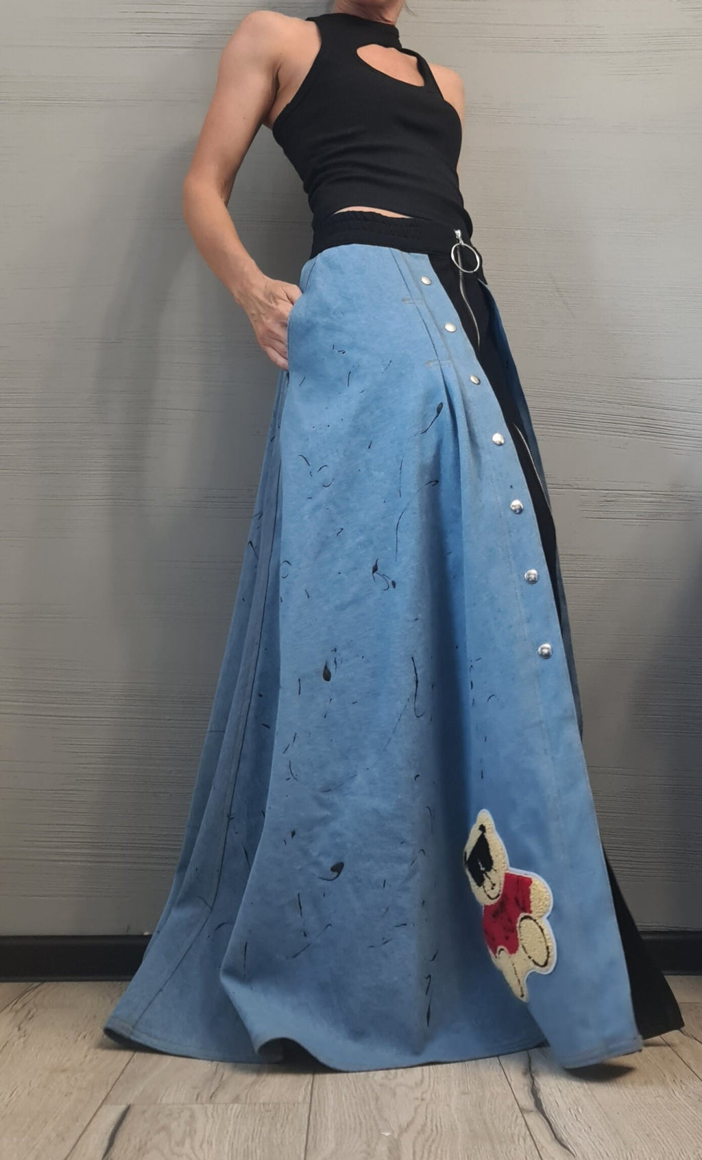 New collection Extravagant Long Skirt, Cotton Denim Skirt, Deconstructed Avant Garde Skirt