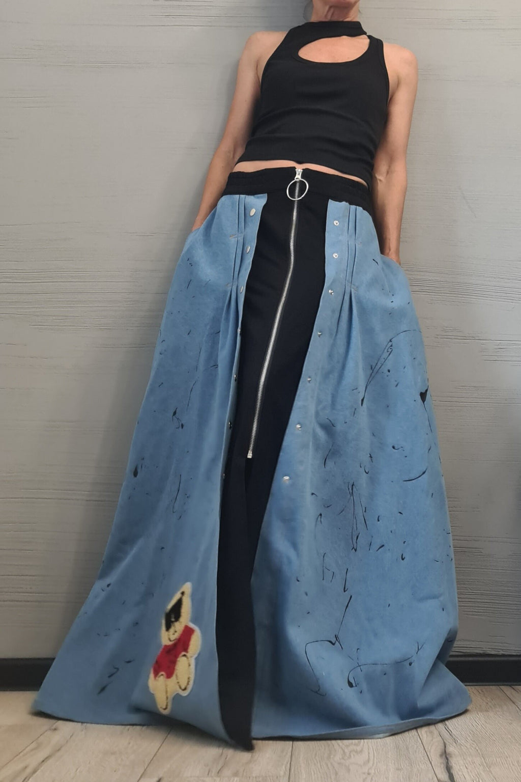 New collection Extravagant Long Skirt, Cotton Denim Skirt, Deconstructed Avant Garde Skirt