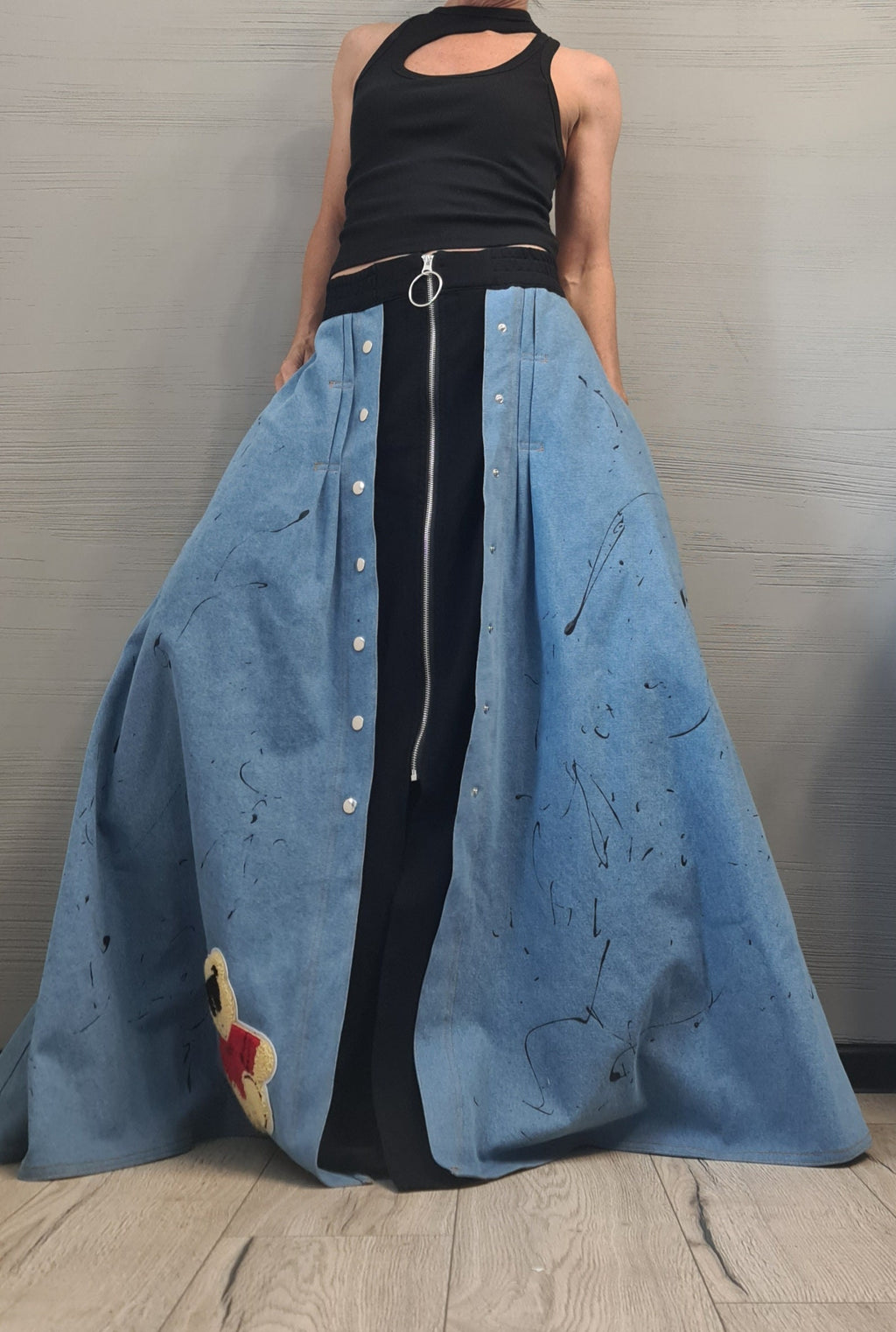 New collection Extravagant Long Skirt, Cotton Denim Skirt, Deconstructed Avant Garde Skirt