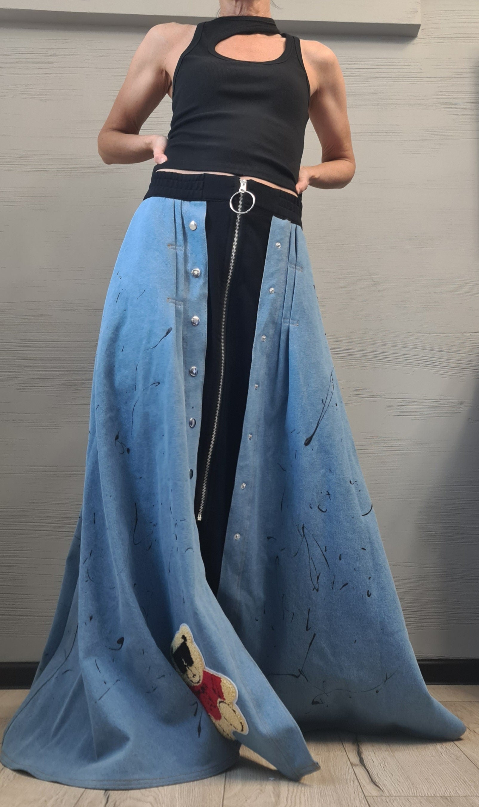 New collection Extravagant Long Skirt, Cotton Denim Skirt, Deconstructed Avant Garde Skirt