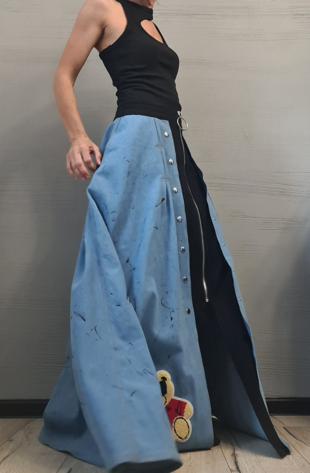 New collection Extravagant Long Skirt, Cotton Denim Skirt, Deconstructed Avant Garde Skirt