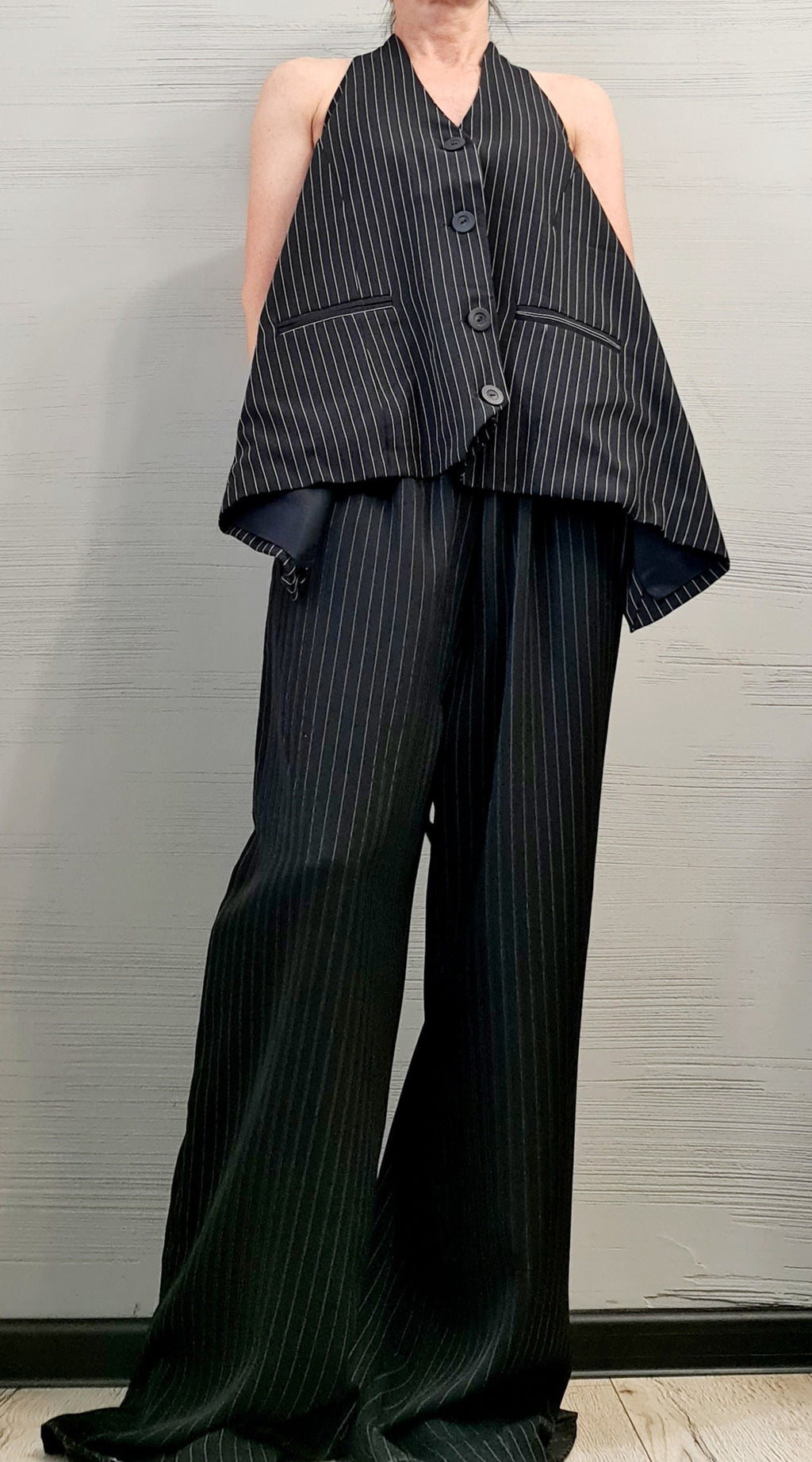 Extravagant Women Costume, Asymmetric Vest, Women Vest Pants Set, Vest with bare back, Wide trousers