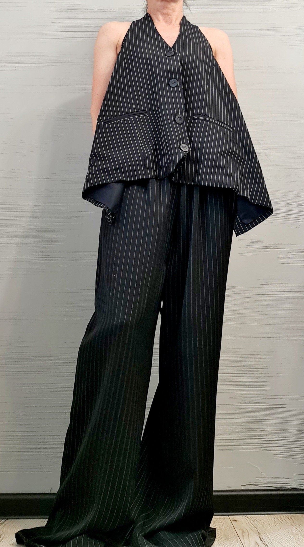 Extravagant Women Costume, Asymmetric Vest, Women Vest Pants Set, Vest with bare back, Wide trousers