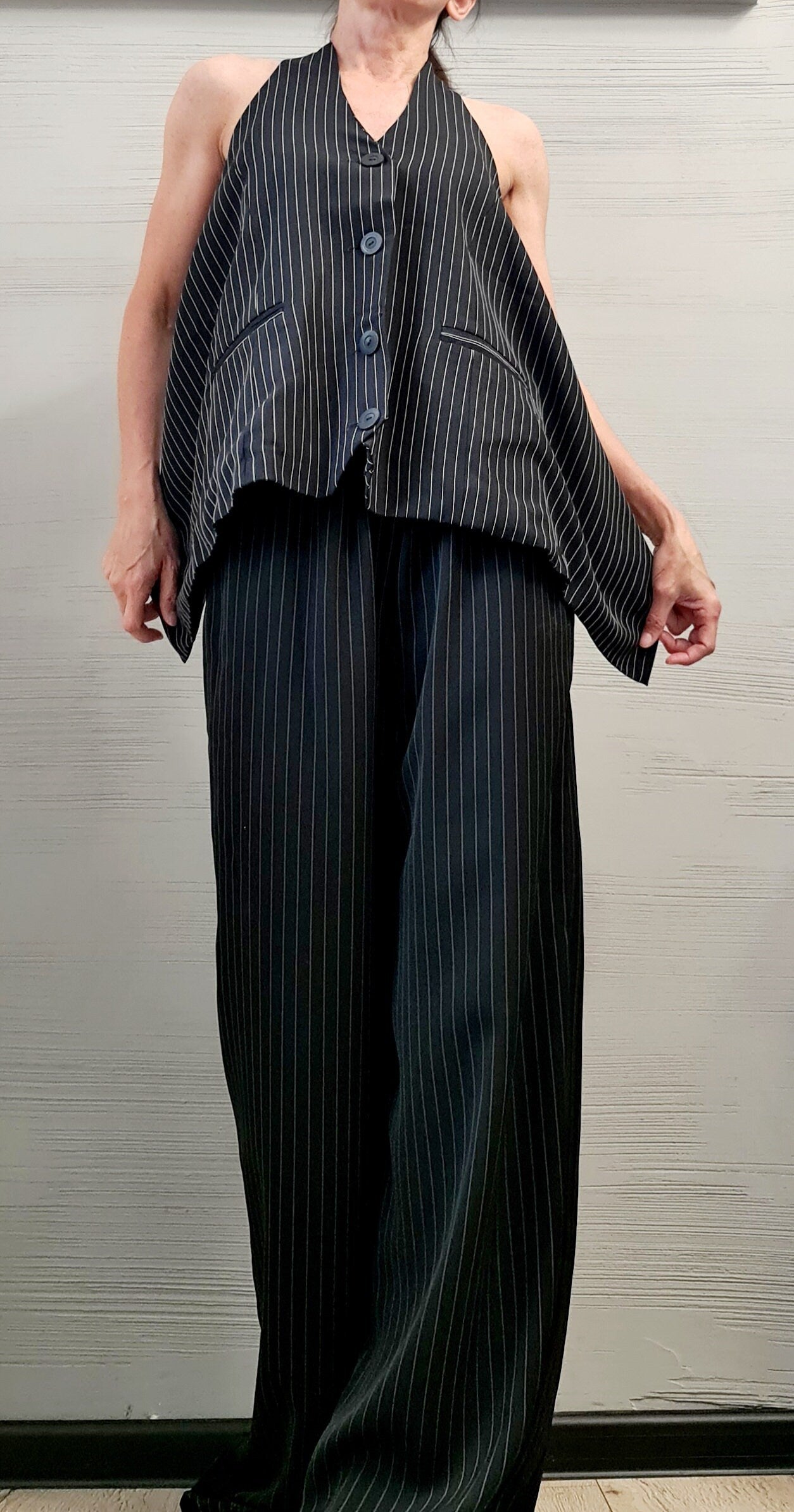 Extravagant Women Costume, Asymmetric Vest, Women Vest Pants Set, Vest with bare back, Wide trousers