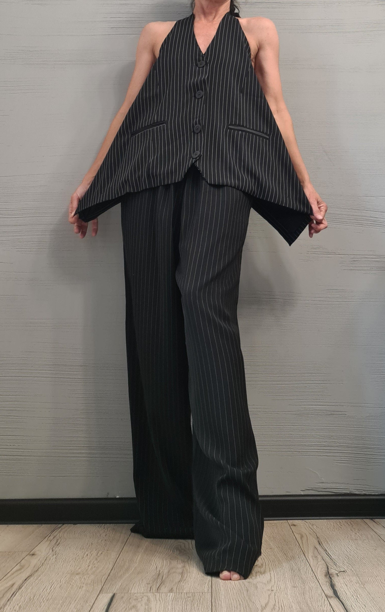 Extravagant Women Costume, Asymmetric Vest, Women Vest Pants Set, Vest with bare back, Wide trousers