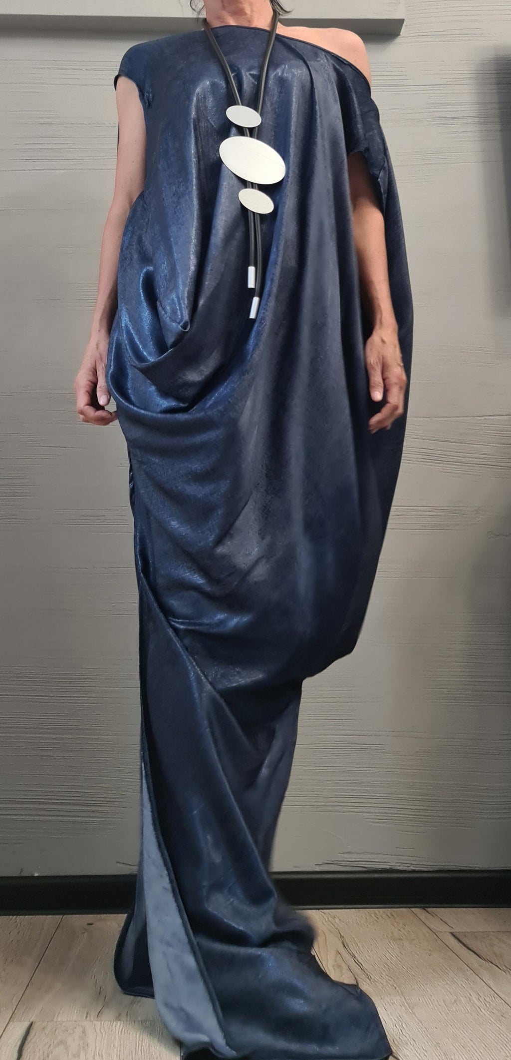 Denim Extravagant Long Dress, Shiny denim Avant Garde Dress, One Shoulder Dress, Drape Dress, Loose Dress, without sleeve