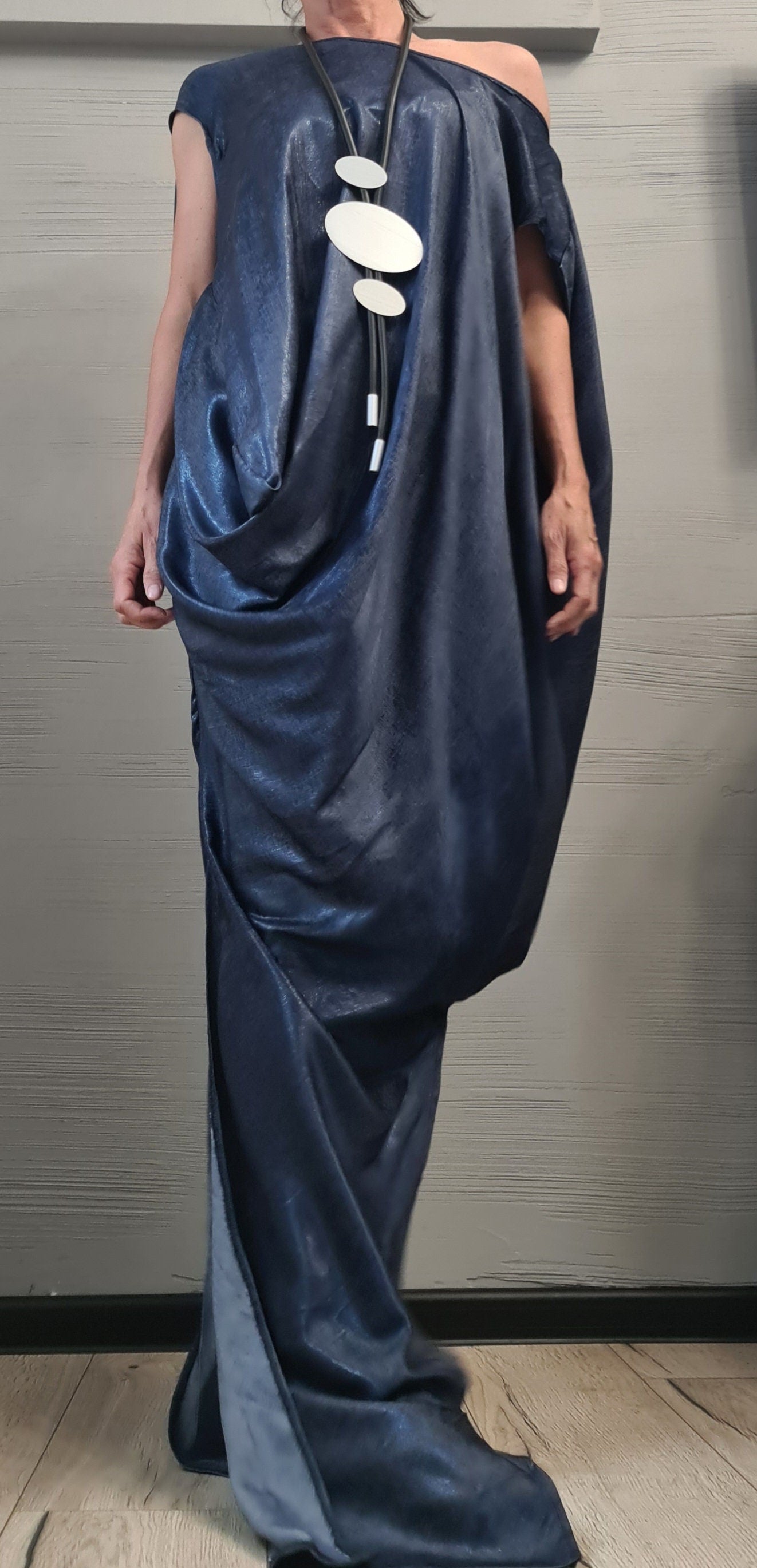 Denim Extravagant Long Dress, Shiny denim Avant Garde Dress, One Shoulder Dress, Drape Dress, Loose Dress, without sleeve