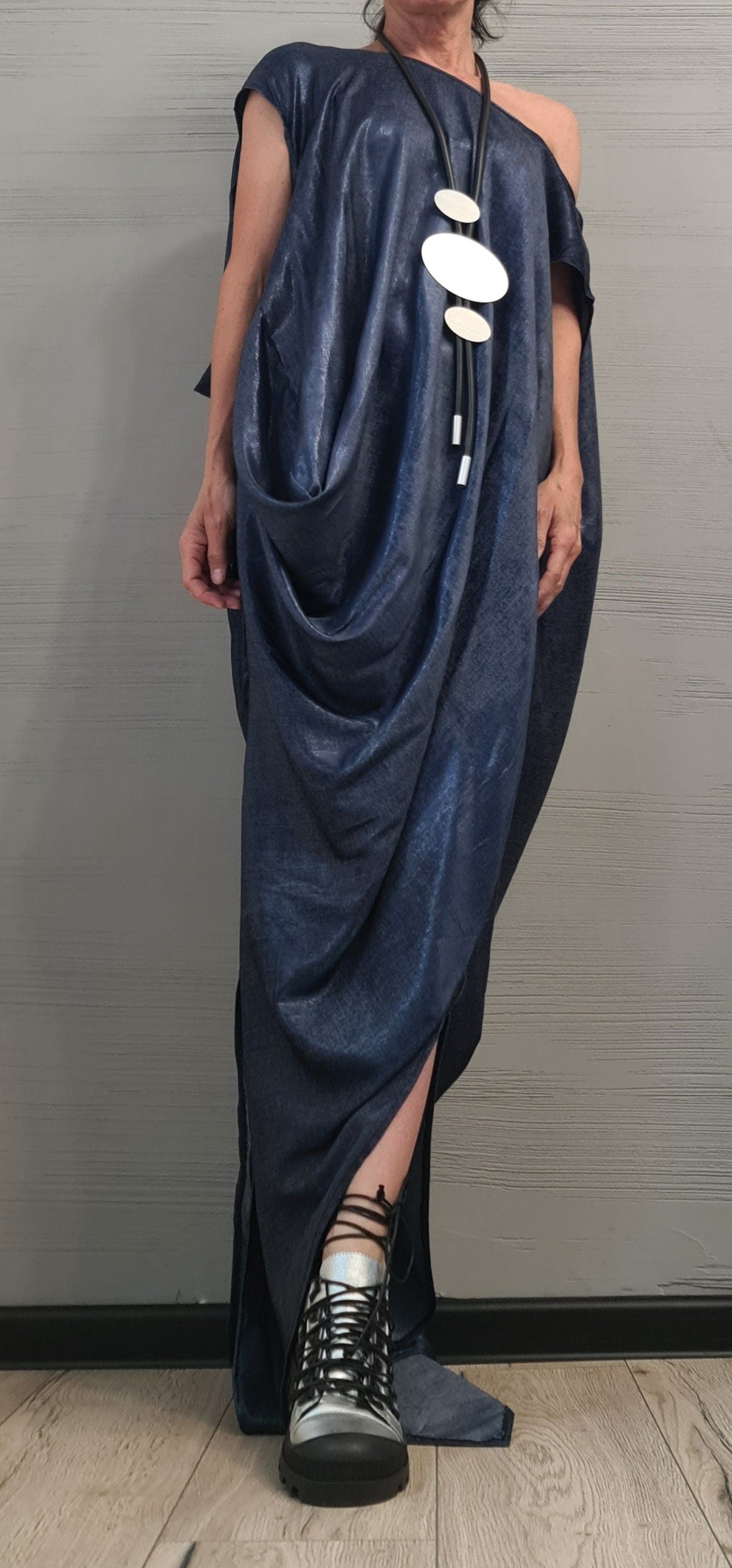 Denim Extravagant Long Dress, Shiny denim Avant Garde Dress, One Shoulder Dress, Drape Dress, Loose Dress, without sleeve