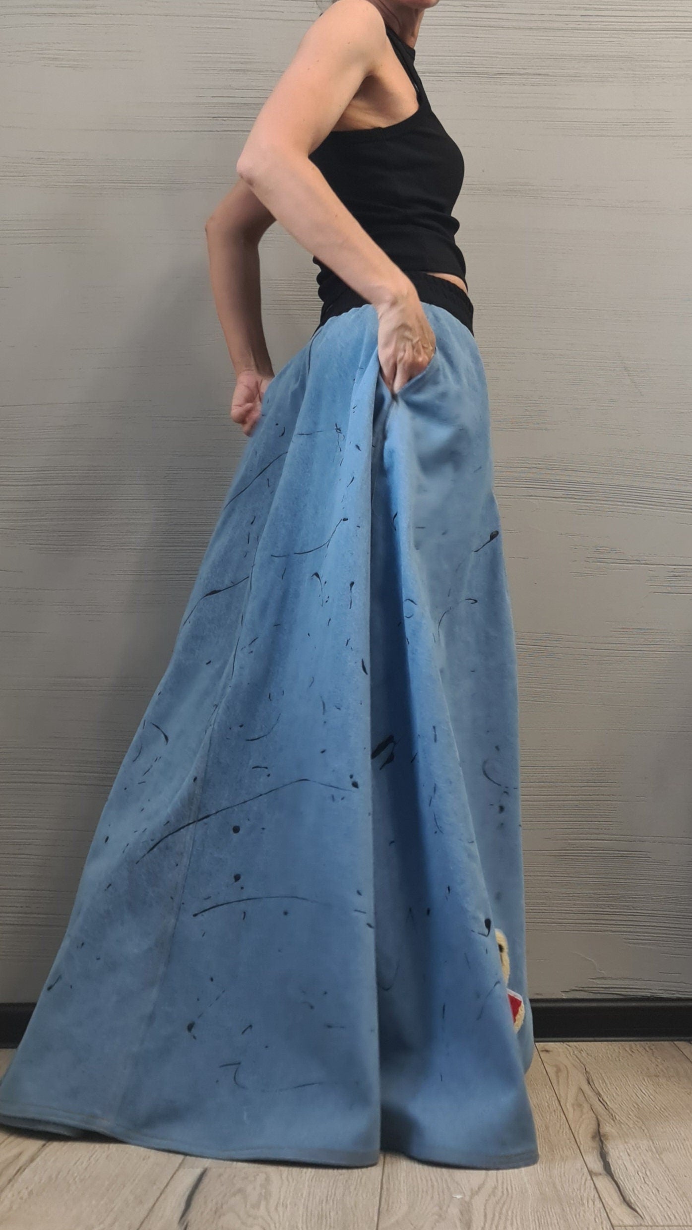 New collection Extravagant Long Skirt, Cotton Denim Skirt, Deconstructed Avant Garde Skirt