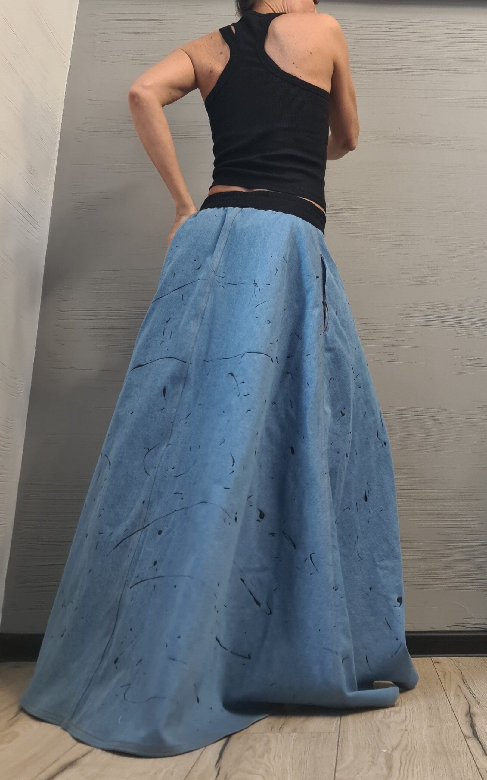 New collection Extravagant Long Skirt, Cotton Denim Skirt, Deconstructed Avant Garde Skirt