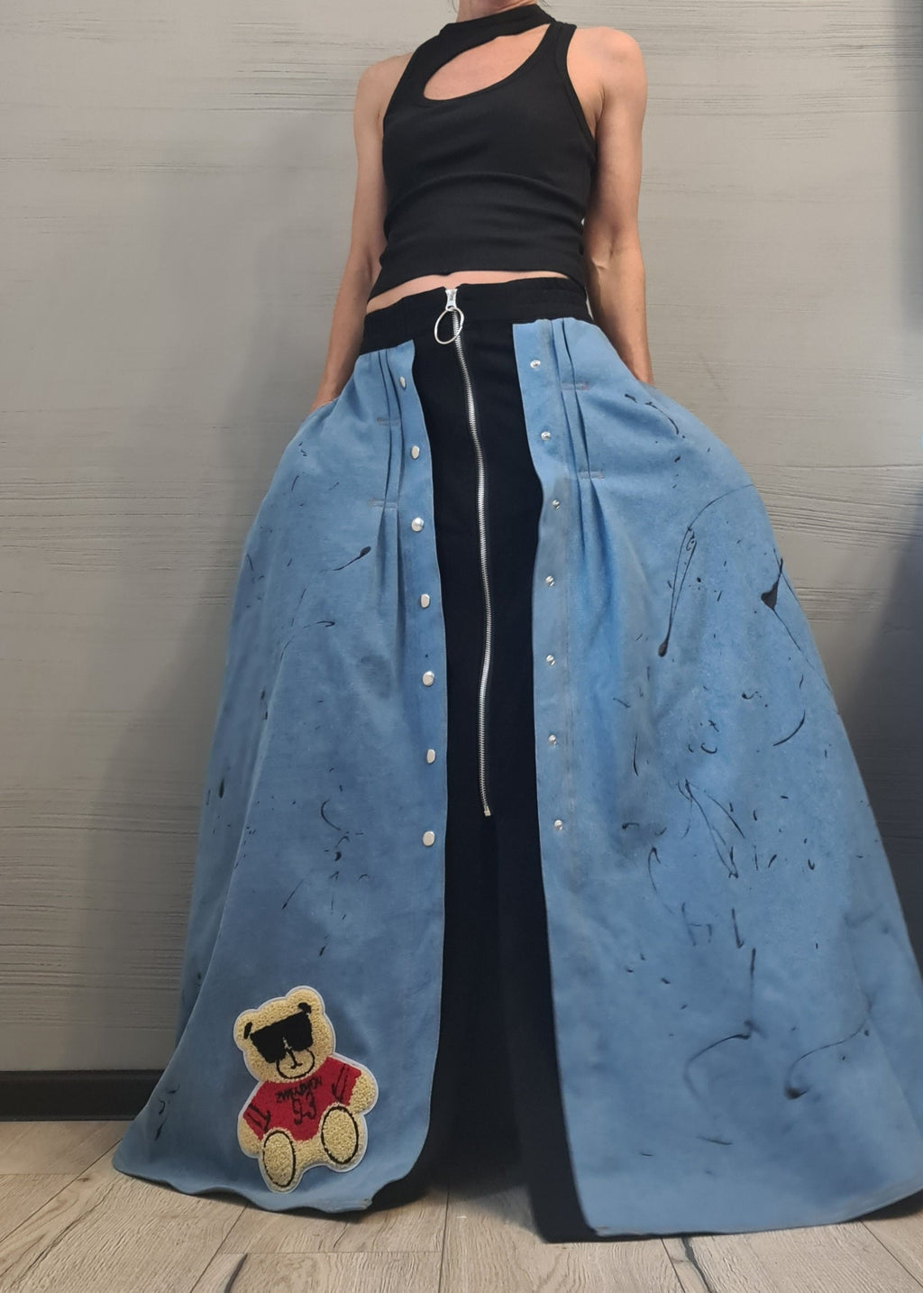 New collection Extravagant Long Skirt, Cotton Denim Skirt, Deconstructed Avant Garde Skirt