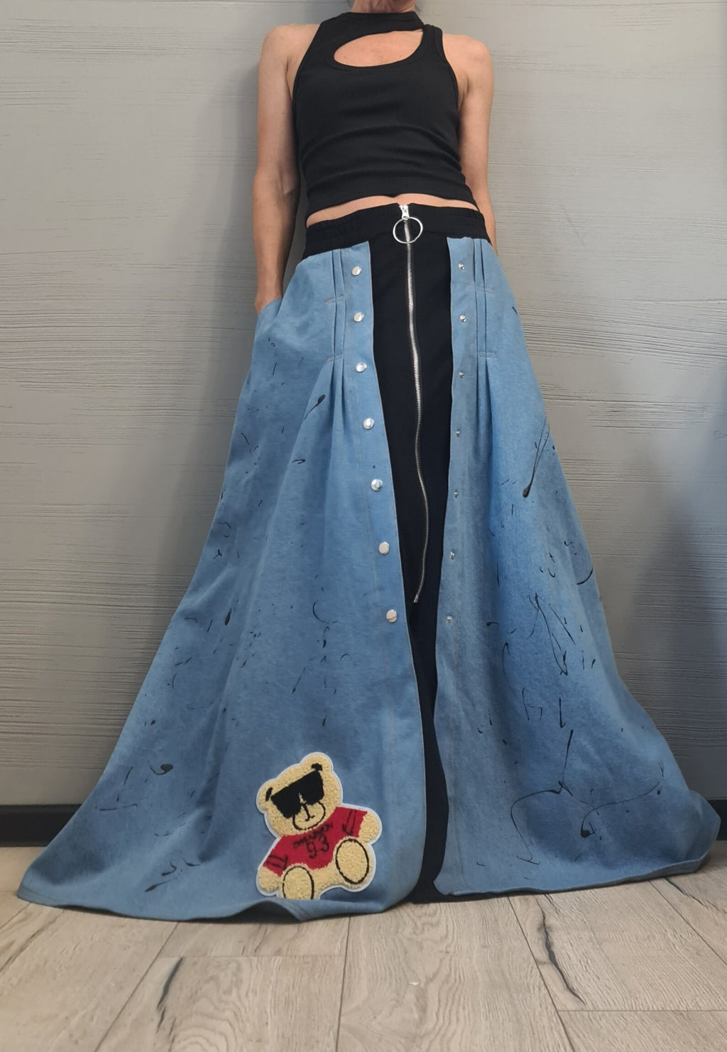 New collection Extravagant Long Skirt, Cotton Denim Skirt, Deconstructed Avant Garde Skirt