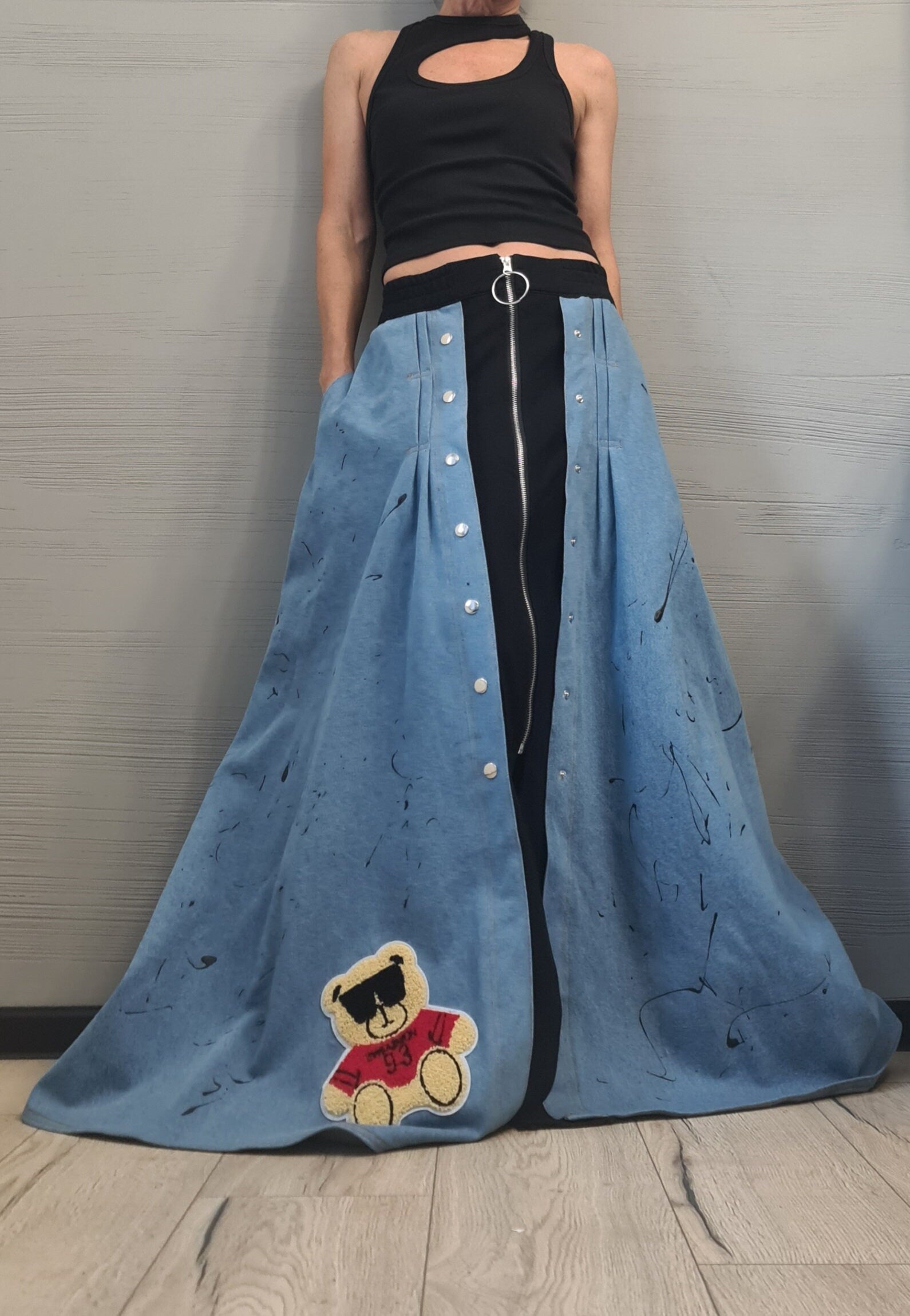 New collection Extravagant Long Skirt, Cotton Denim Skirt, Deconstructed Avant Garde Skirt
