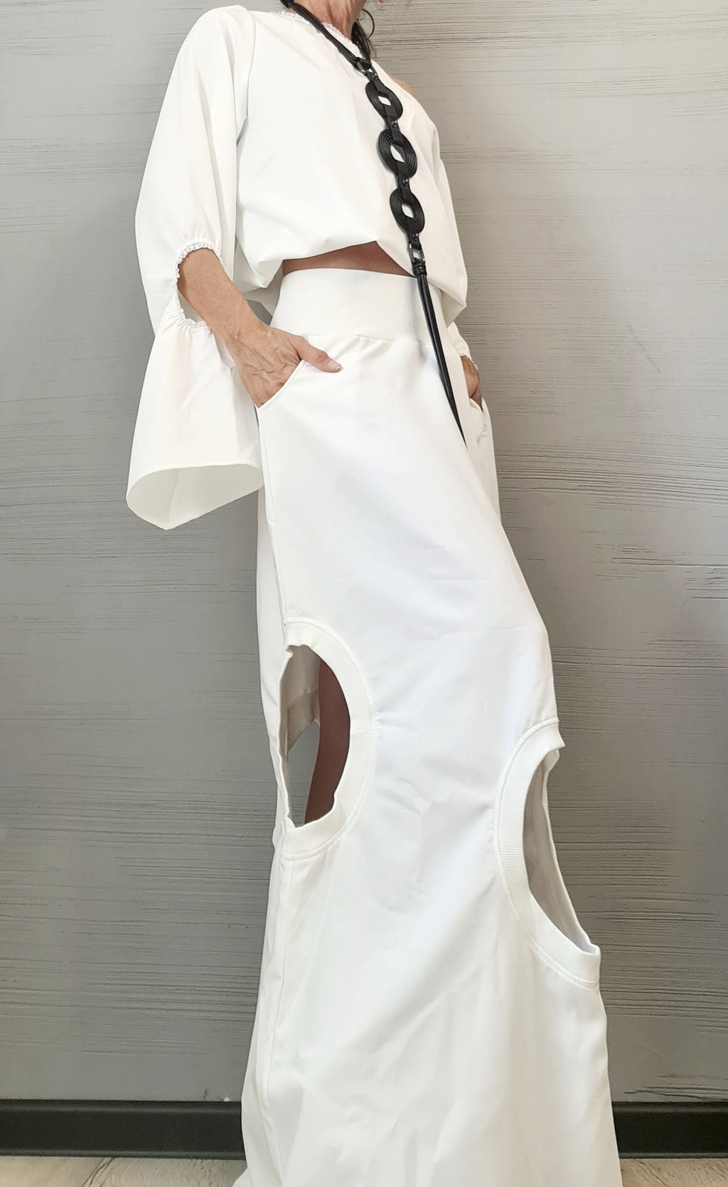 New collection Extravagant Set, Deconstructed Avant Garde Long Skirt, Open Back Blouse, A Line Skirt