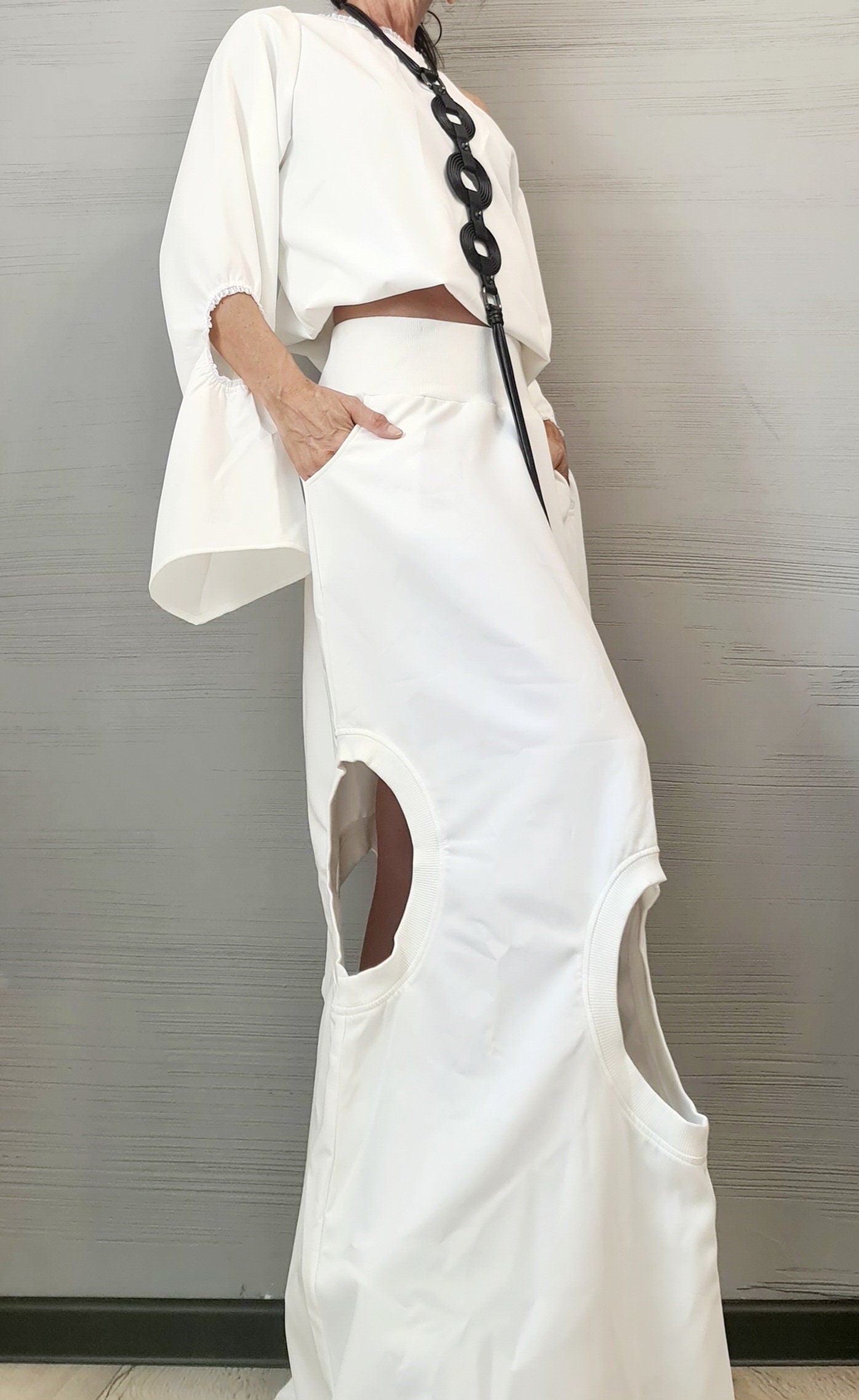 New collection Extravagant Set, Deconstructed Avant Garde Long Skirt, Open Back Blouse, A Line Skirt