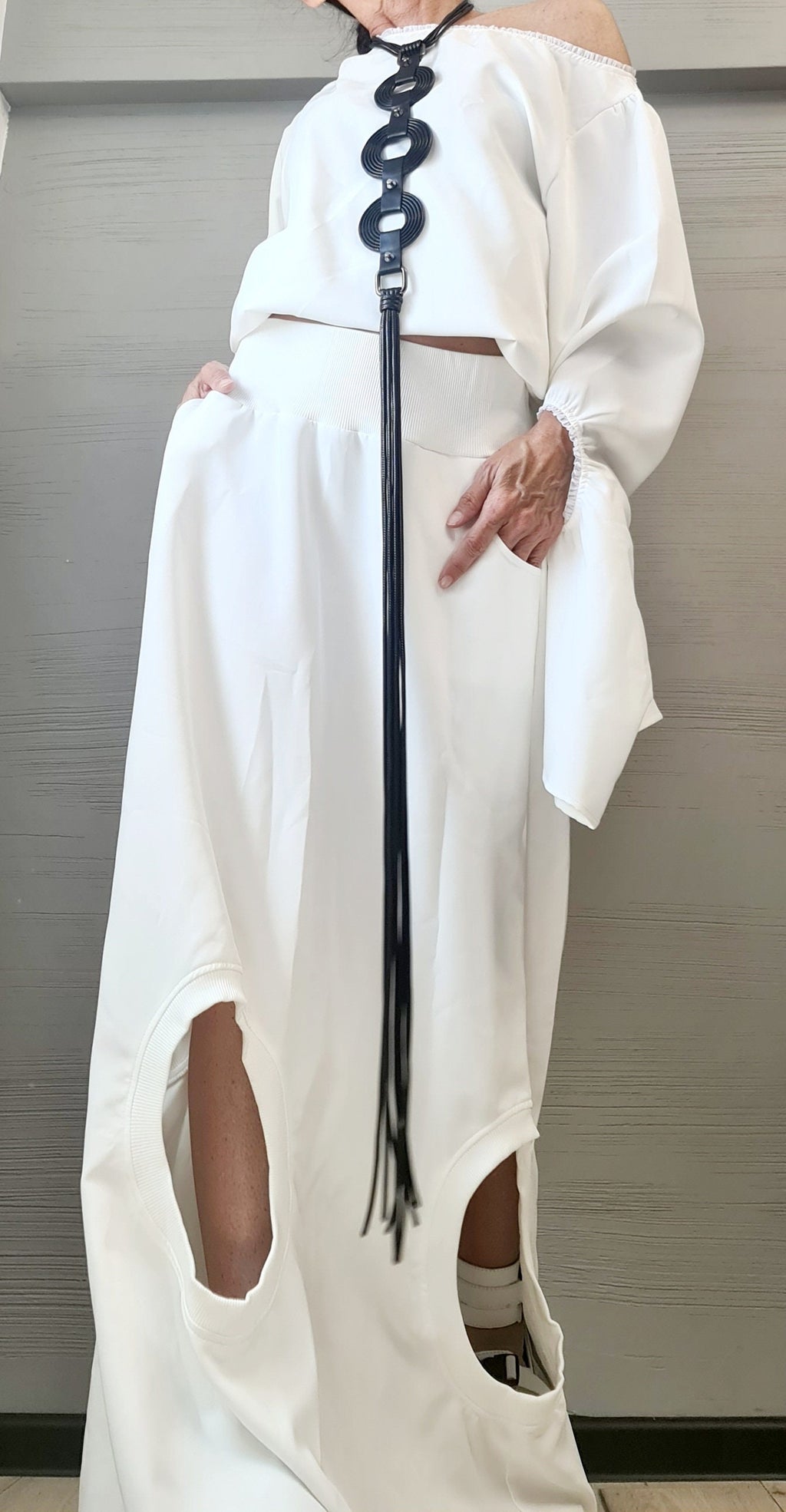 New collection Extravagant Set, Deconstructed Avant Garde Long Skirt, Open Back Blouse, A Line Skirt