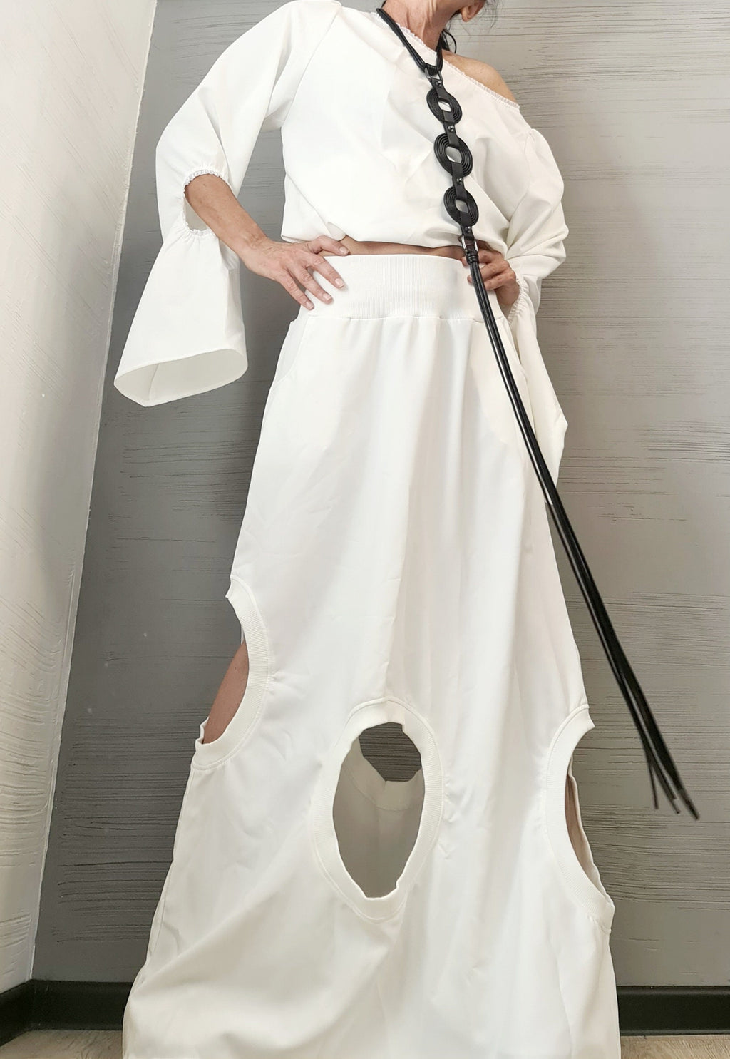 New collection Extravagant Set, Deconstructed Avant Garde Long Skirt, Open Back Blouse, A Line Skirt