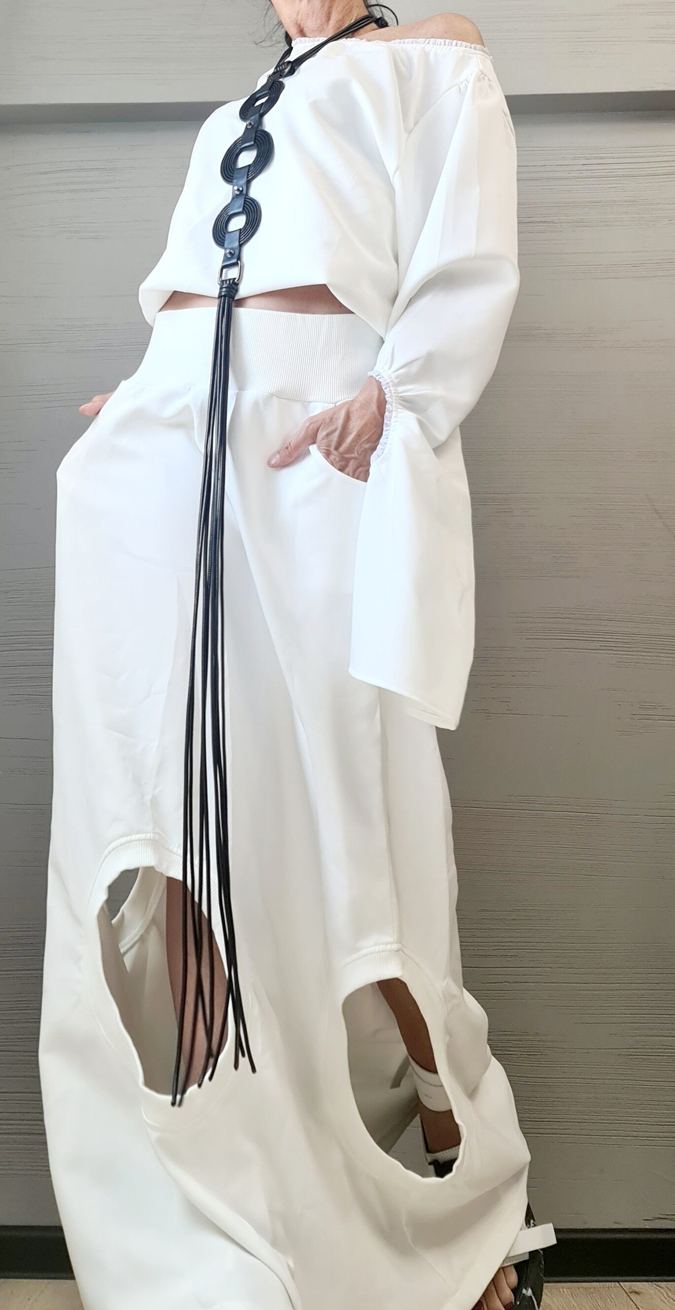 New collection Extravagant Set, Deconstructed Avant Garde Long Skirt, Open Back Blouse, A Line Skirt