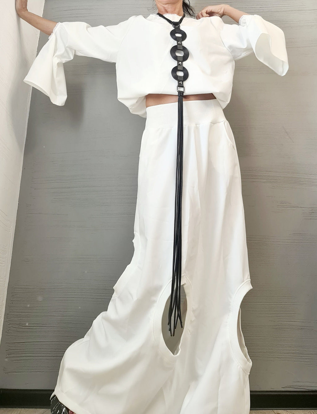 New collection Extravagant Set, Deconstructed Avant Garde Long Skirt, Open Back Blouse, A Line Skirt