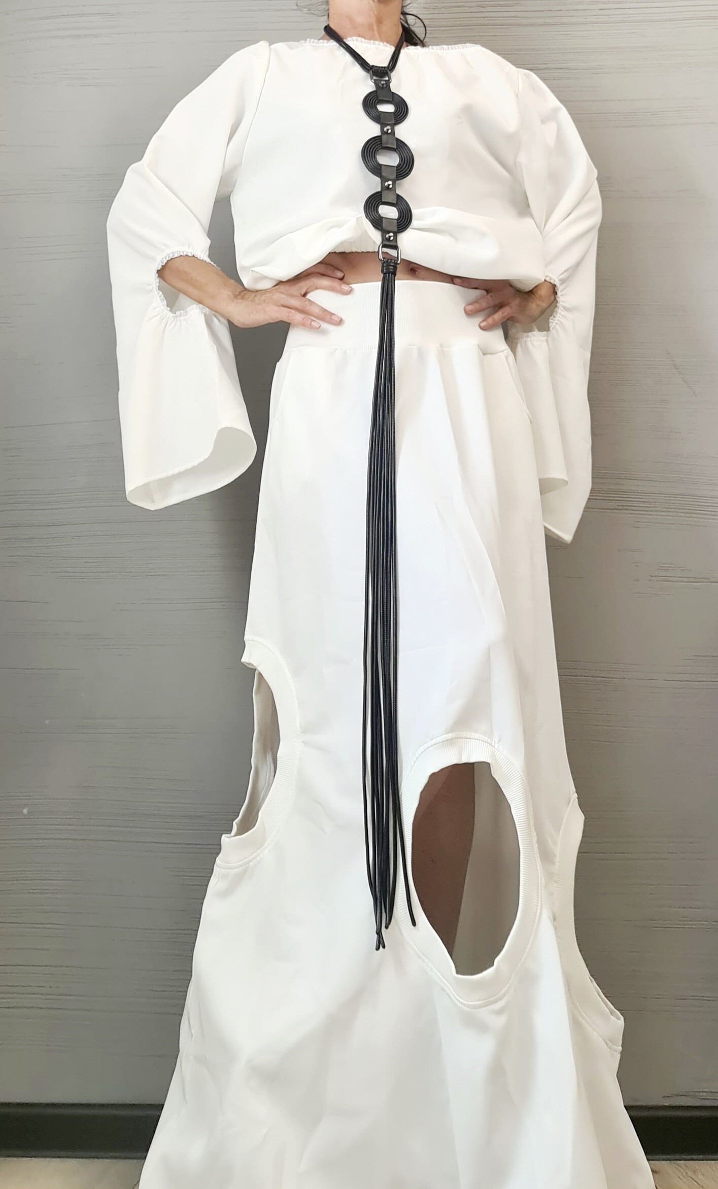 New collection Extravagant Set, Deconstructed Avant Garde Long Skirt, Open Back Blouse, A Line Skirt