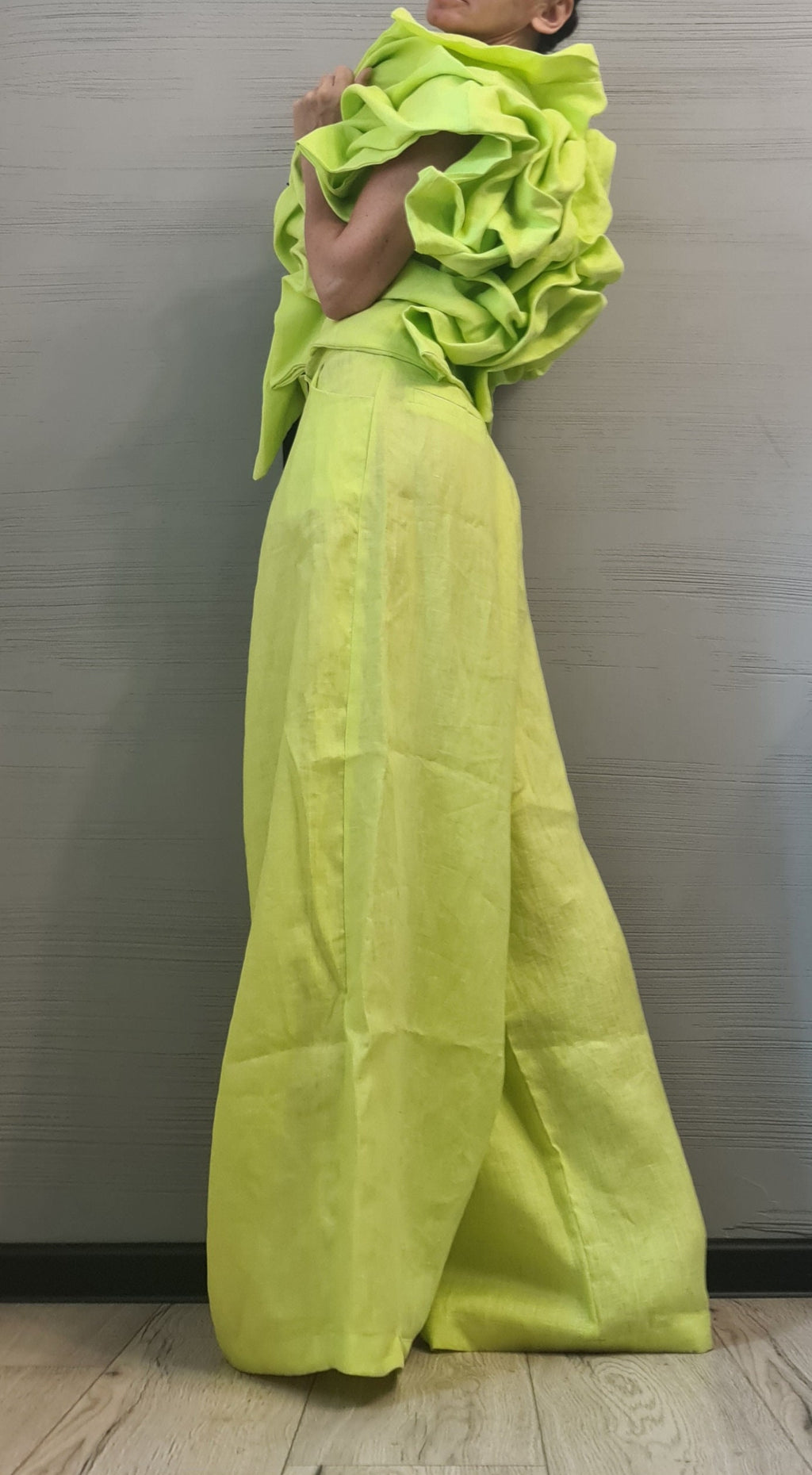 Linen Extravagant Jacket, Orange Linen Ruffle Jacket – Handmade Avant-Garde Short Coat