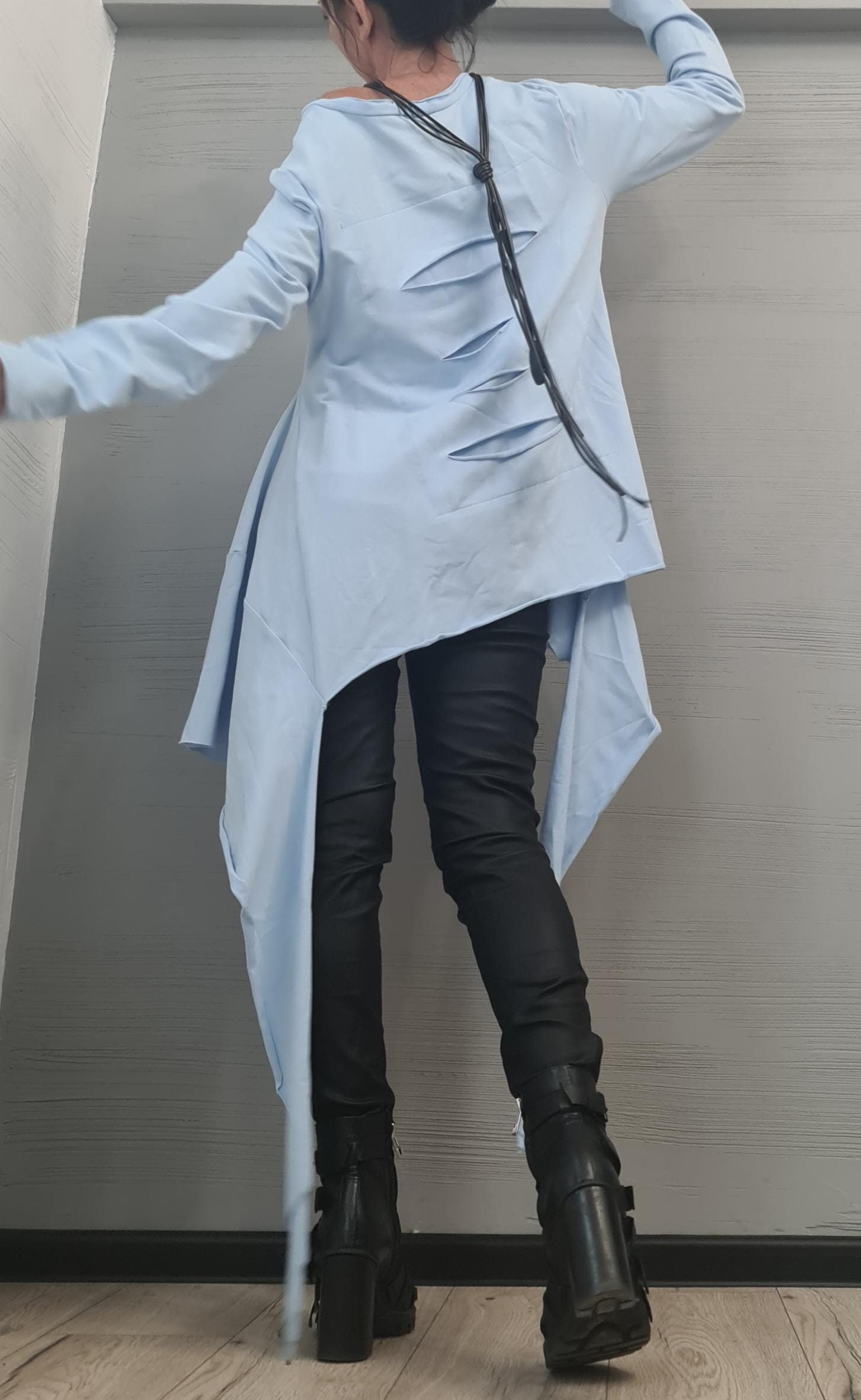 Avant Garde Light blue Tunic, Deconstructed Top, Loose Tunic, Asymmetric Blouse, Oversize Tunic, Long Sleeve