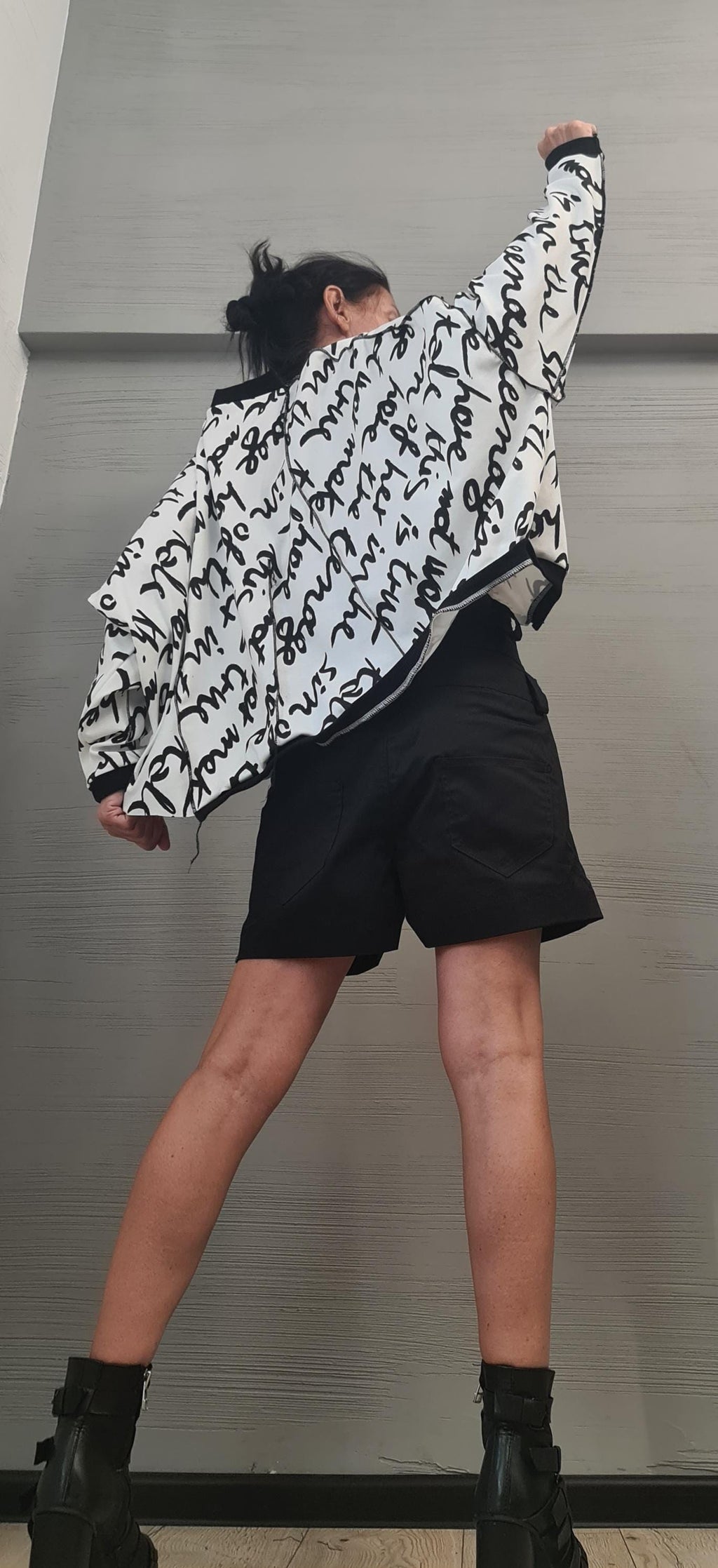 Asymmetrical tunic, Loose Tunic, Deconstructed Top, White Top with black lettering