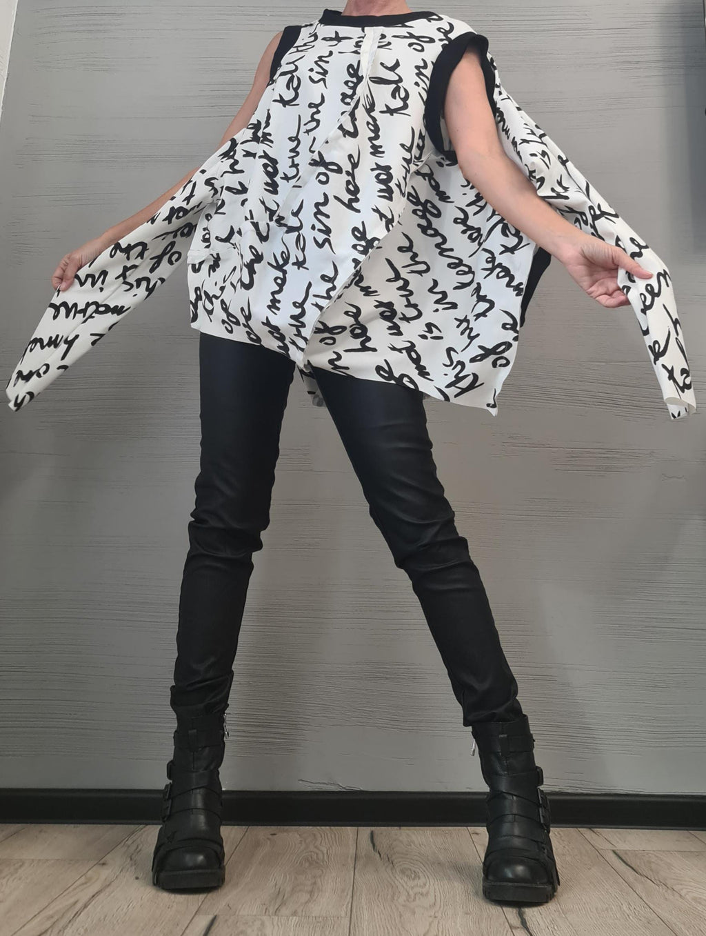 Long sleeves or sleeveless openings, Asymmetrical Avant Garde Tunic, Deconstructed Top, White Top with black lettering DRESSSHOESCODE