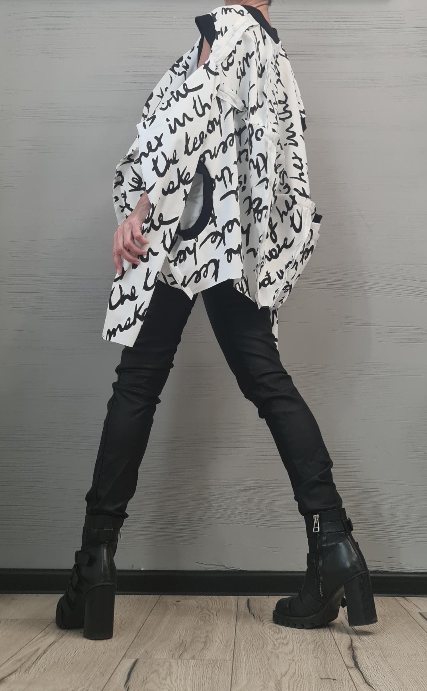 Long sleeves or sleeveless openings, Asymmetrical Avant Garde Tunic, Deconstructed Top, White Top with black lettering DRESSSHOESCODE