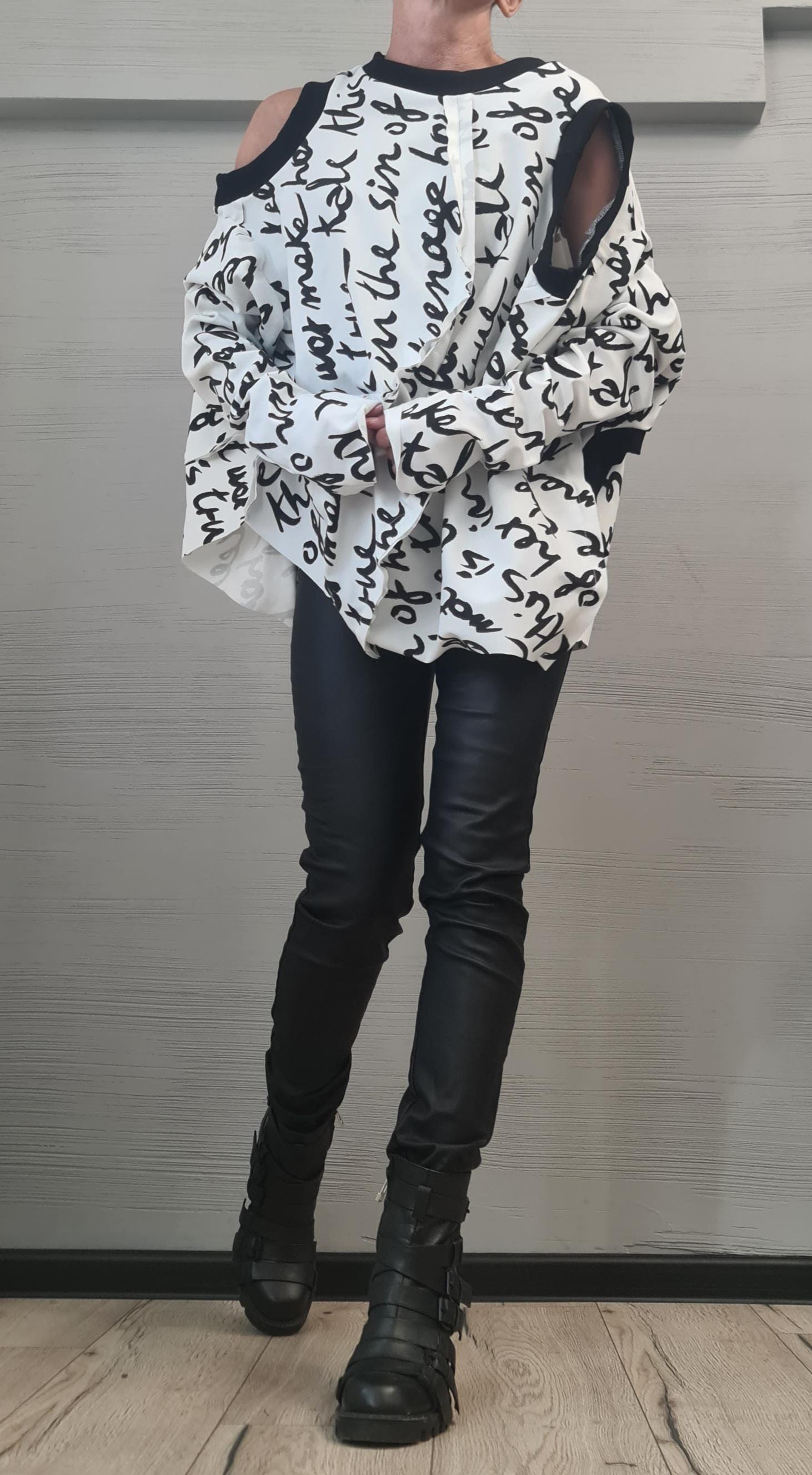 Long sleeves or sleeveless openings, Asymmetrical Avant Garde Tunic, Deconstructed Top, White Top with black lettering DRESSSHOESCODE