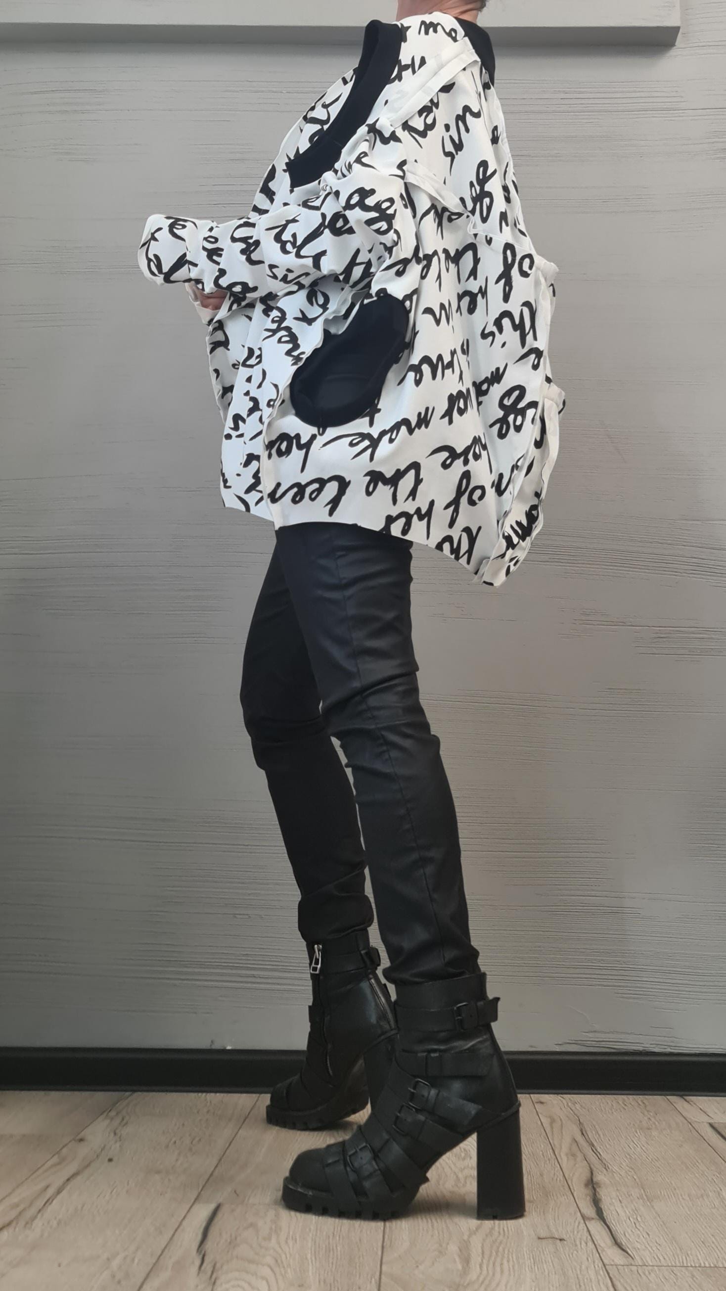 Long sleeves or sleeveless openings, Asymmetrical Avant Garde Tunic, Deconstructed Top, White Top with black lettering DRESSSHOESCODE